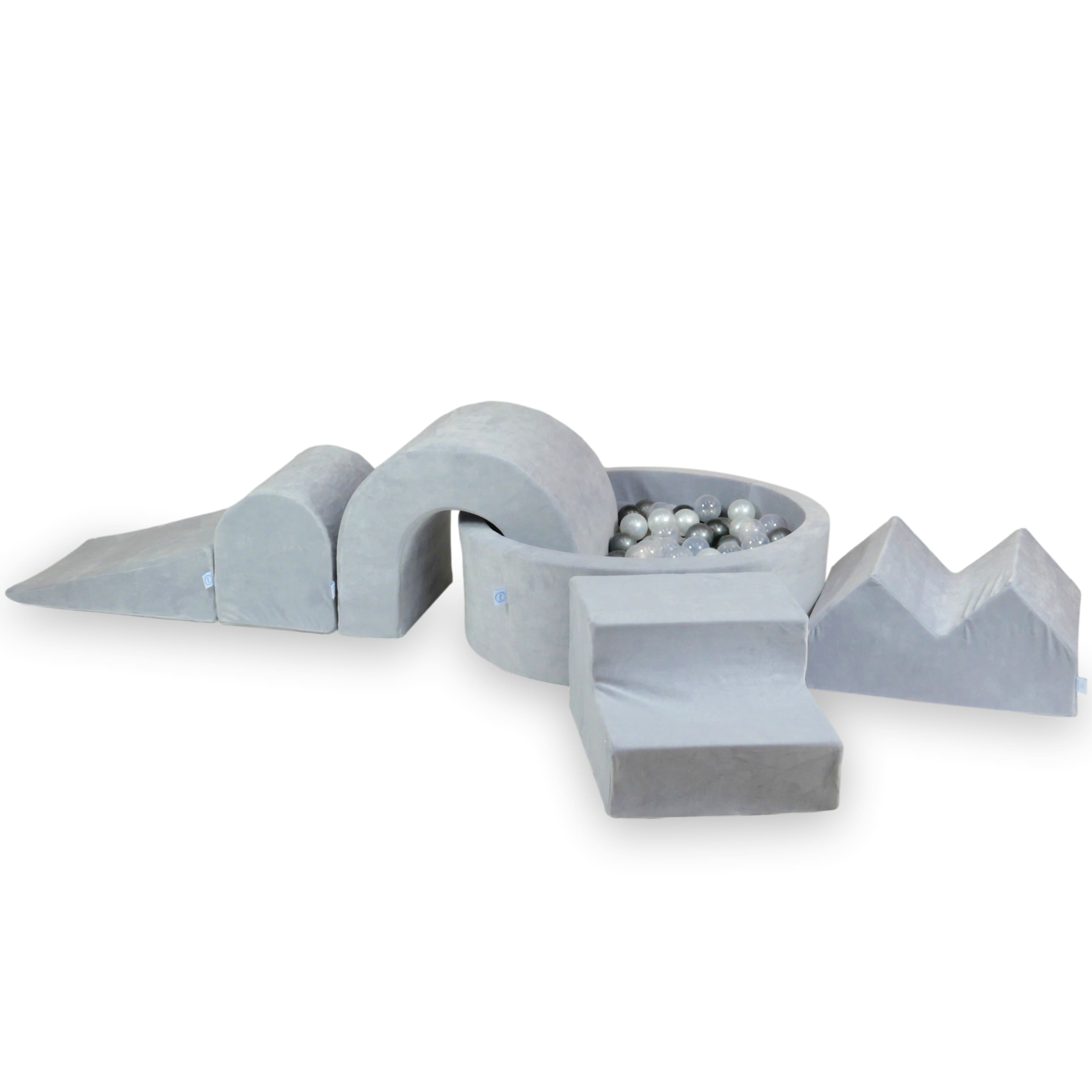 Schaumstoffspielbereich mit Hügel und Pool, hellgrauer, mikro-veloursweicher Stoff + 100 Bälle (hellblau, gelb, meliert, puderrosa, weiß)