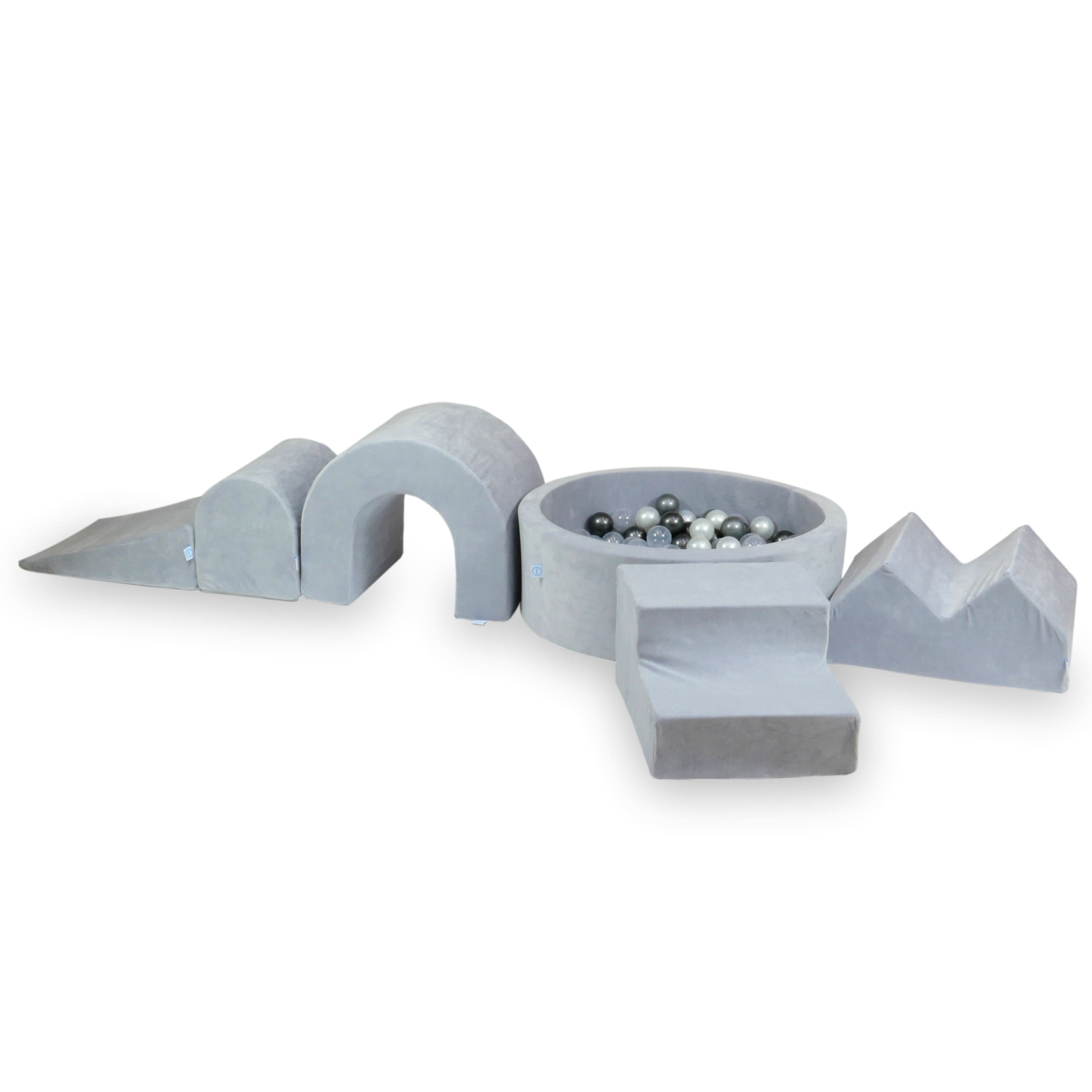 Schaumstoff-Spielbereich mit rundem Pool 90x30 Velvet Soft Hellgrau + 5 Elemente + 200 Bälle (transparent, perlmuttfarben, hellgold)