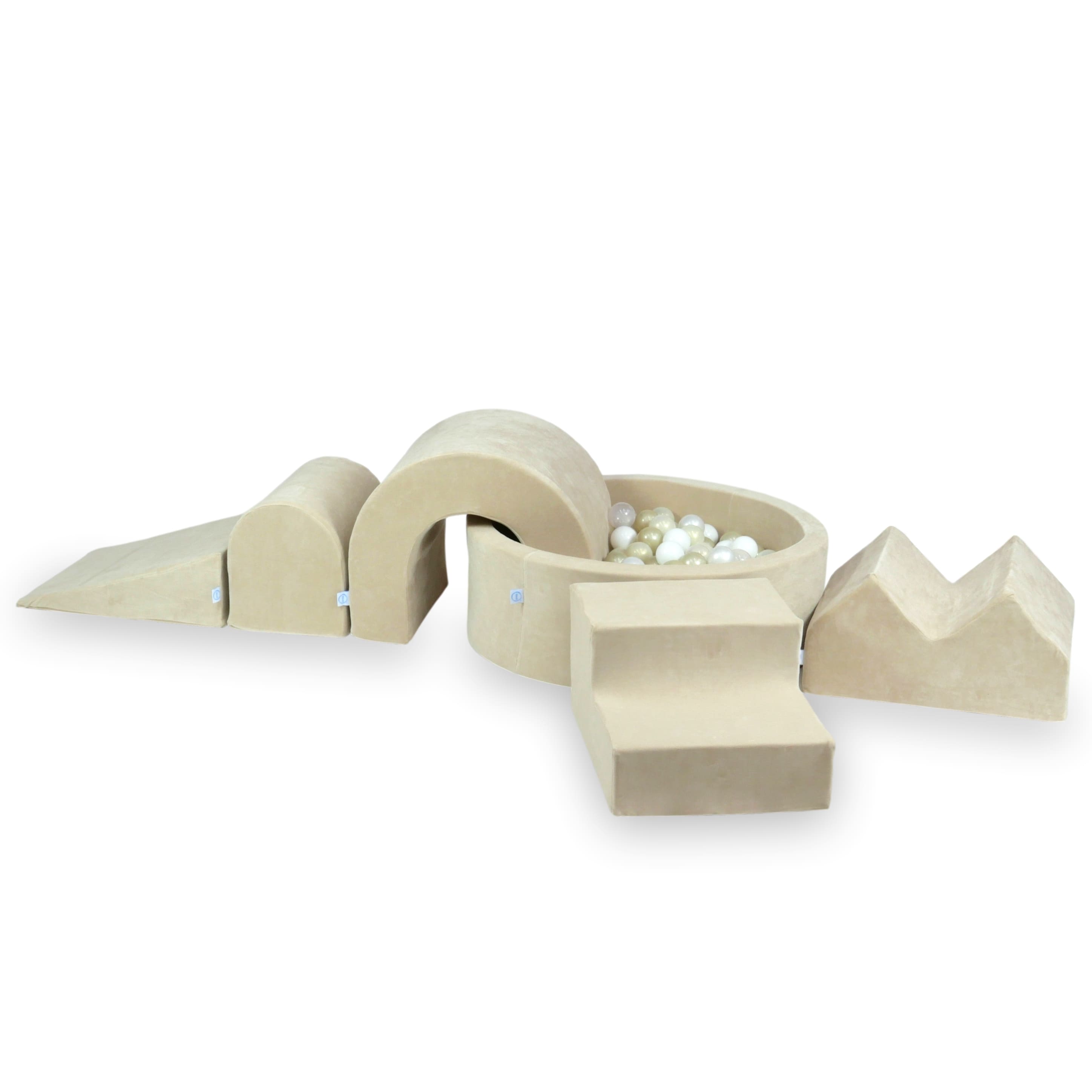 Schaumstoff-Spielbereich mit rundem Pool 90x30 Velvet Soft Beige + 5 Elemente + 200 Bälle (transparent, weiß, perlmuttfarben, hellgold)