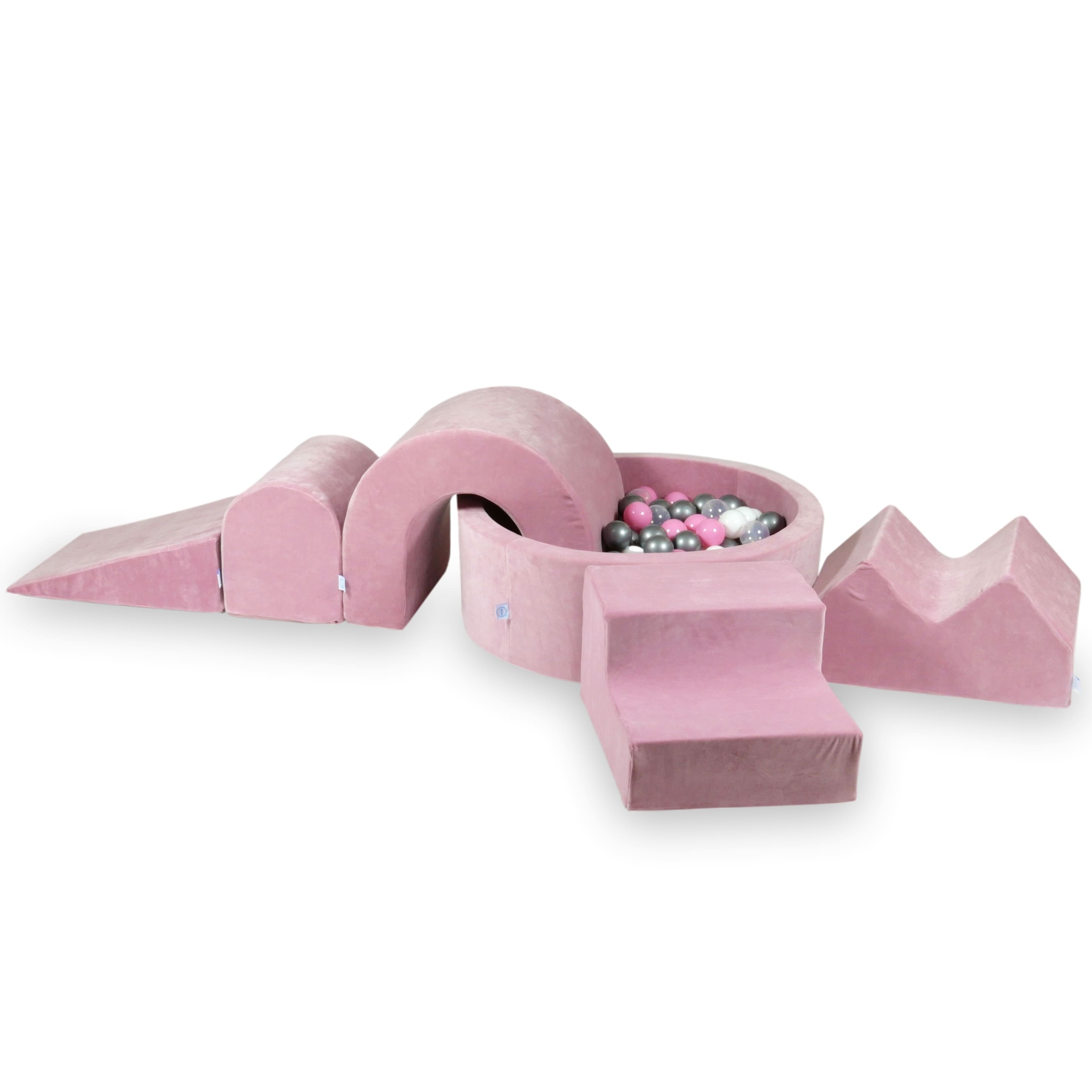 Schaumstoffspielbereich mit rundem Pool 90x30 Velvet Soft Rose + 5 Elemente + 200 Bälle (Perlmutt, Hellrosa, Antikgold)