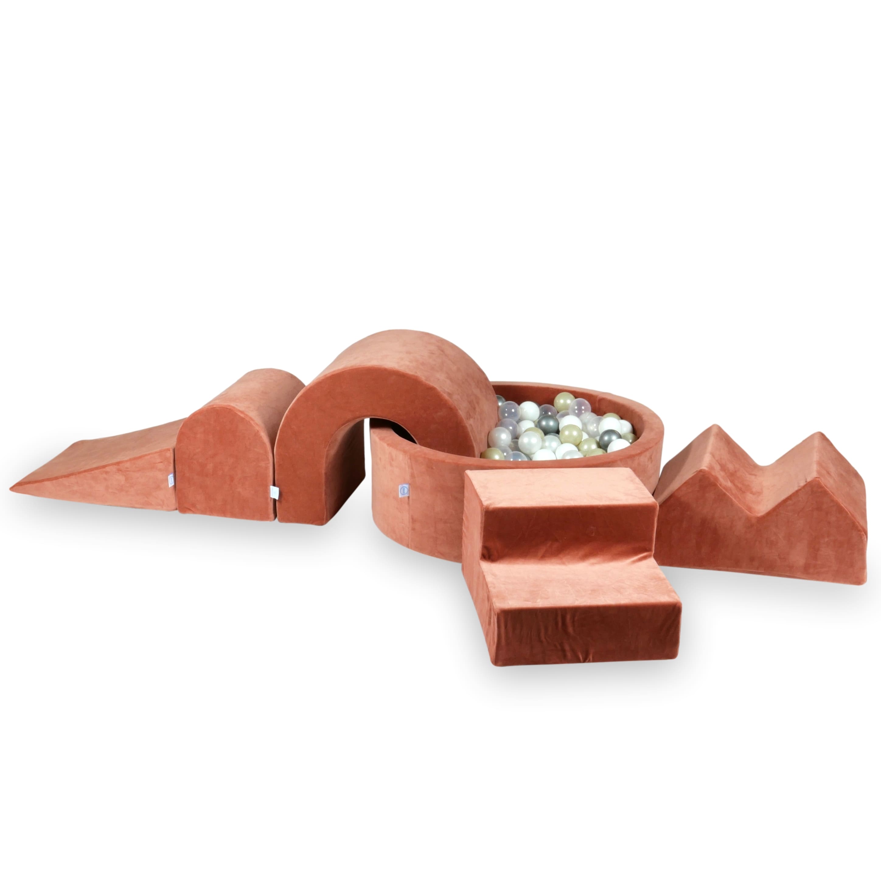 Schaumstoffspielbereich mit rundem 90x30 Velvet Soft Canyon Clay Pool + 5 Elementen + 200 Bällen (transparent, beige, gold)