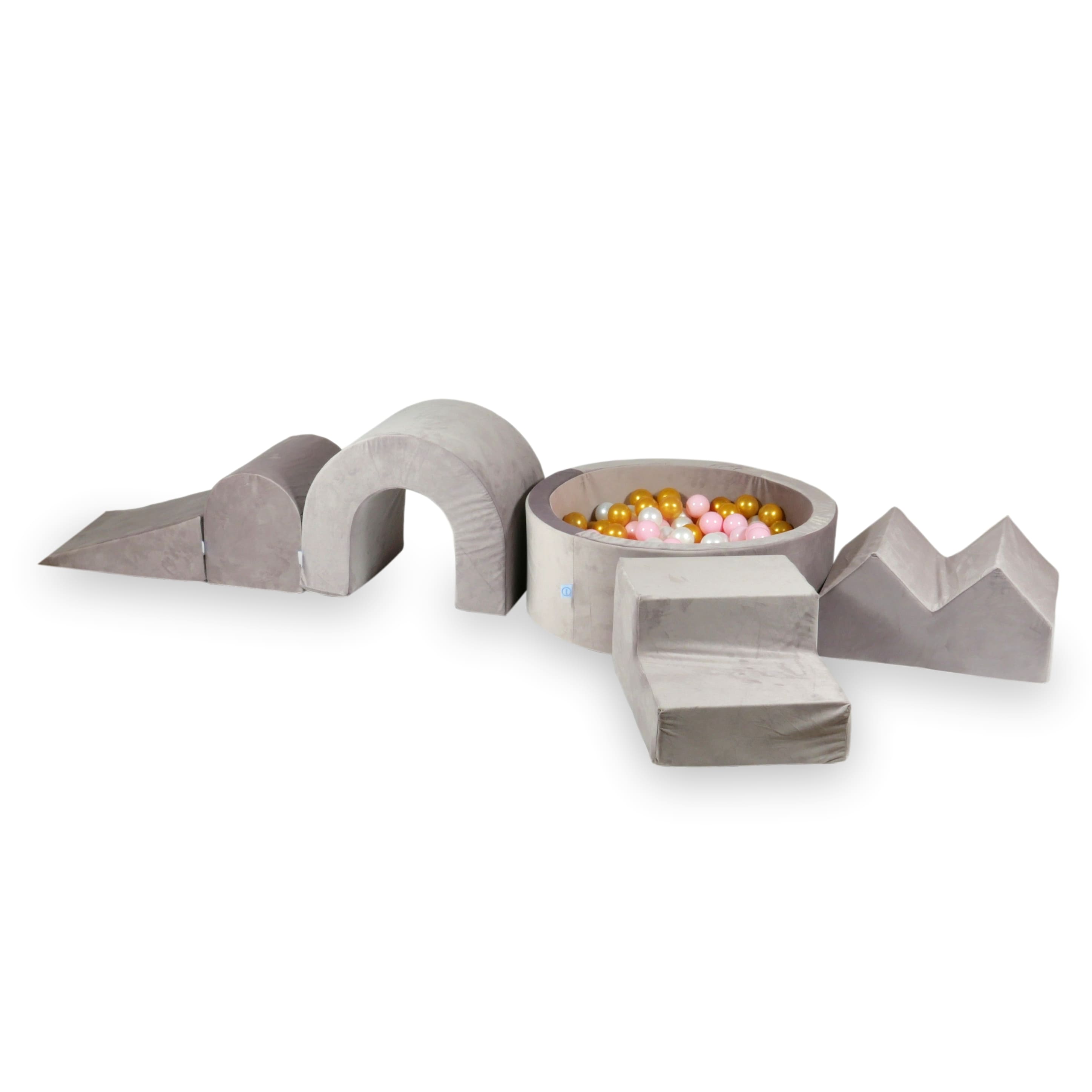 Schaumstoffspielbereich mit rundem 90x30 Velvet Lilac Pool + 5 Elementen + 200 Bällen (Perlmutt, Hellrosa, Gold)