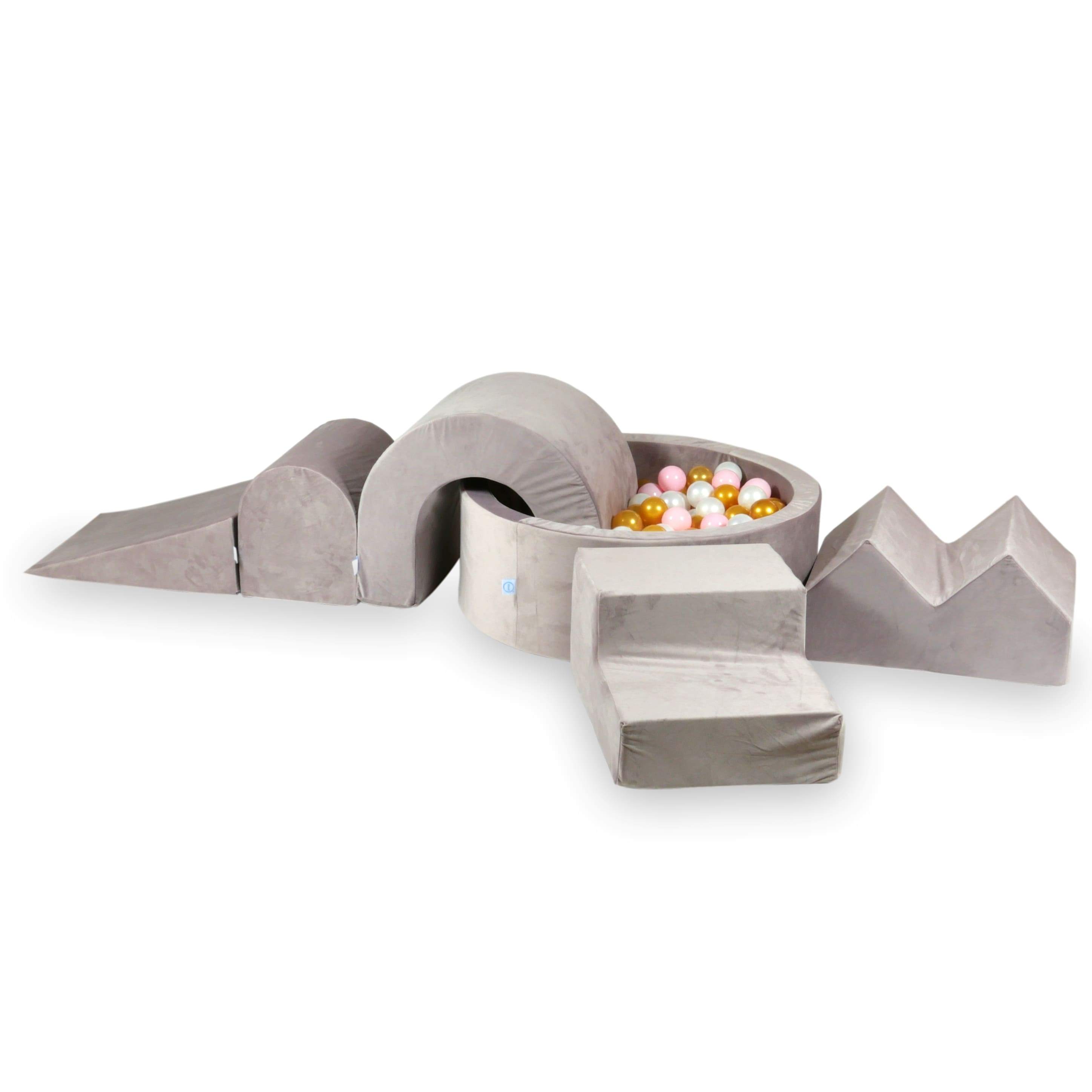 Schaumstoffspielbereich mit rundem 90x30 Velvet Lilac Pool + 5 Elementen + 200 Bällen (Perlmutt, Hellrosa, Gold)