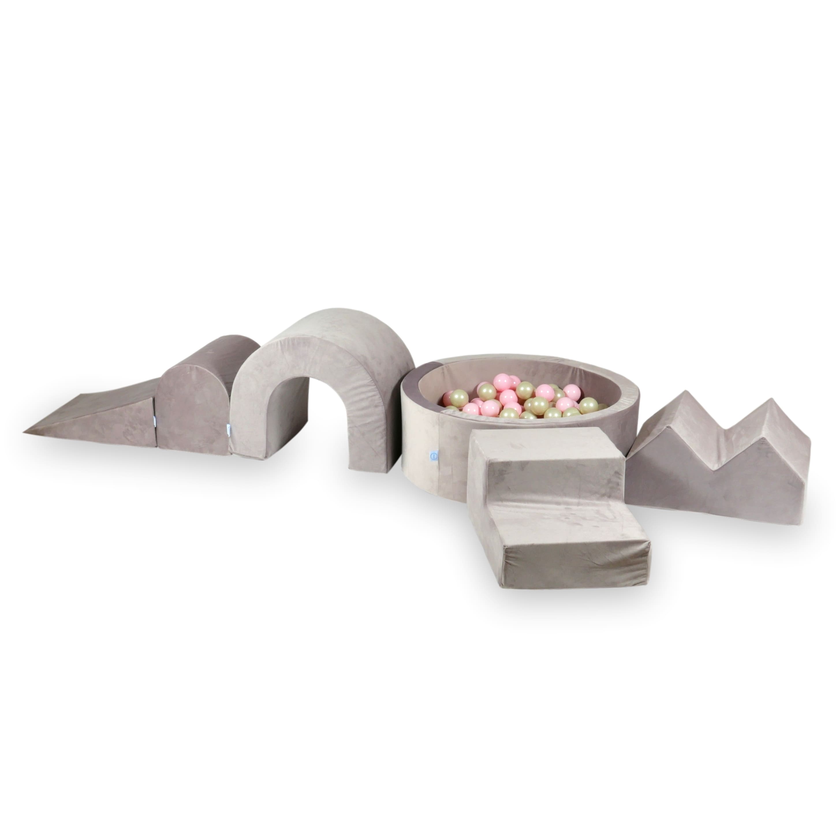 Schaumstoffspielbereich mit rundem 90x30 Velvet Lilac Pool + 5 Elementen + 200 Bällen (hellrosa, hellgold)