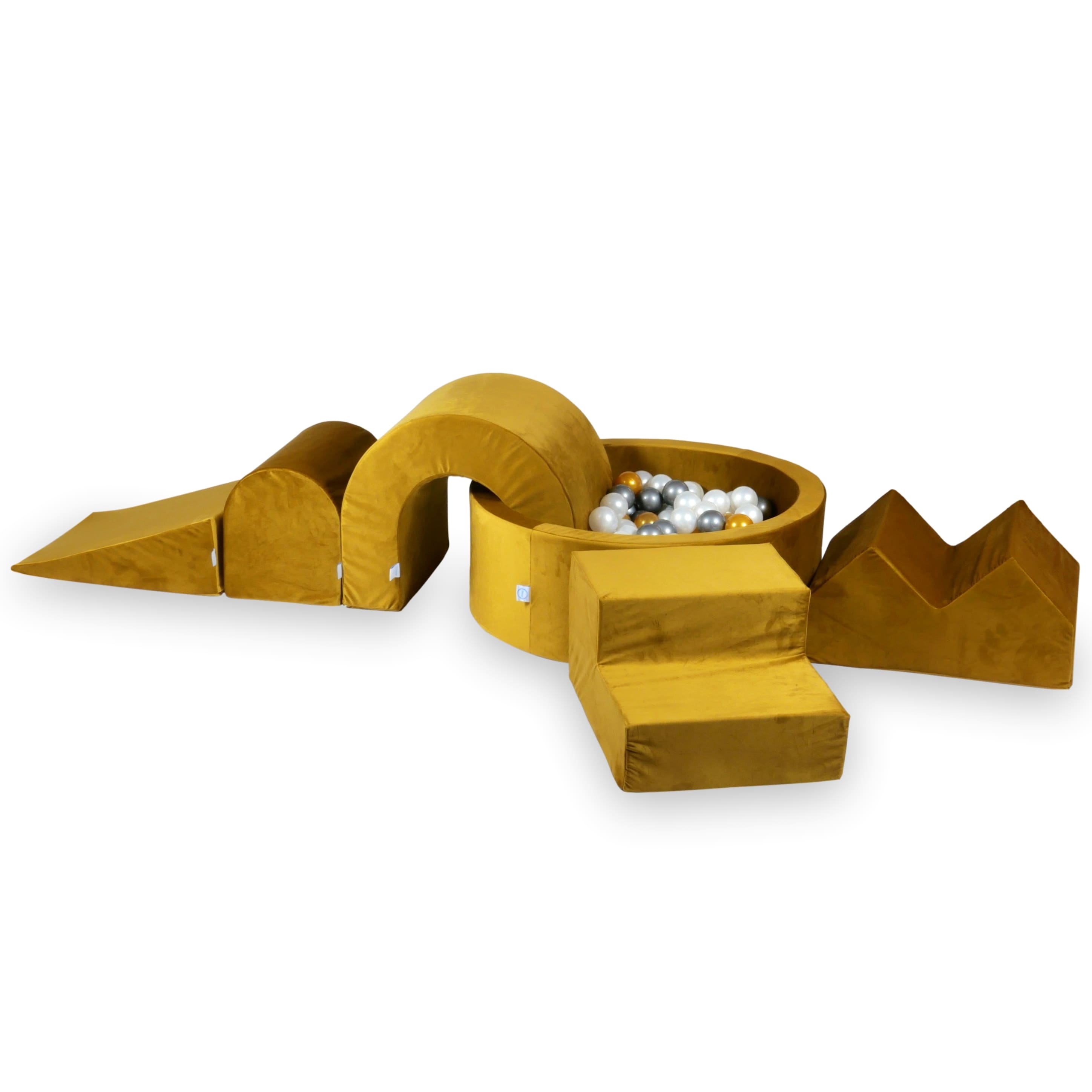 Schaumstoff-Spielbereich mit rundem 90x30 Velvet Gold Pool + 5 Elementen + 200 Bällen (Perlmutt, Silber, Hellgold)