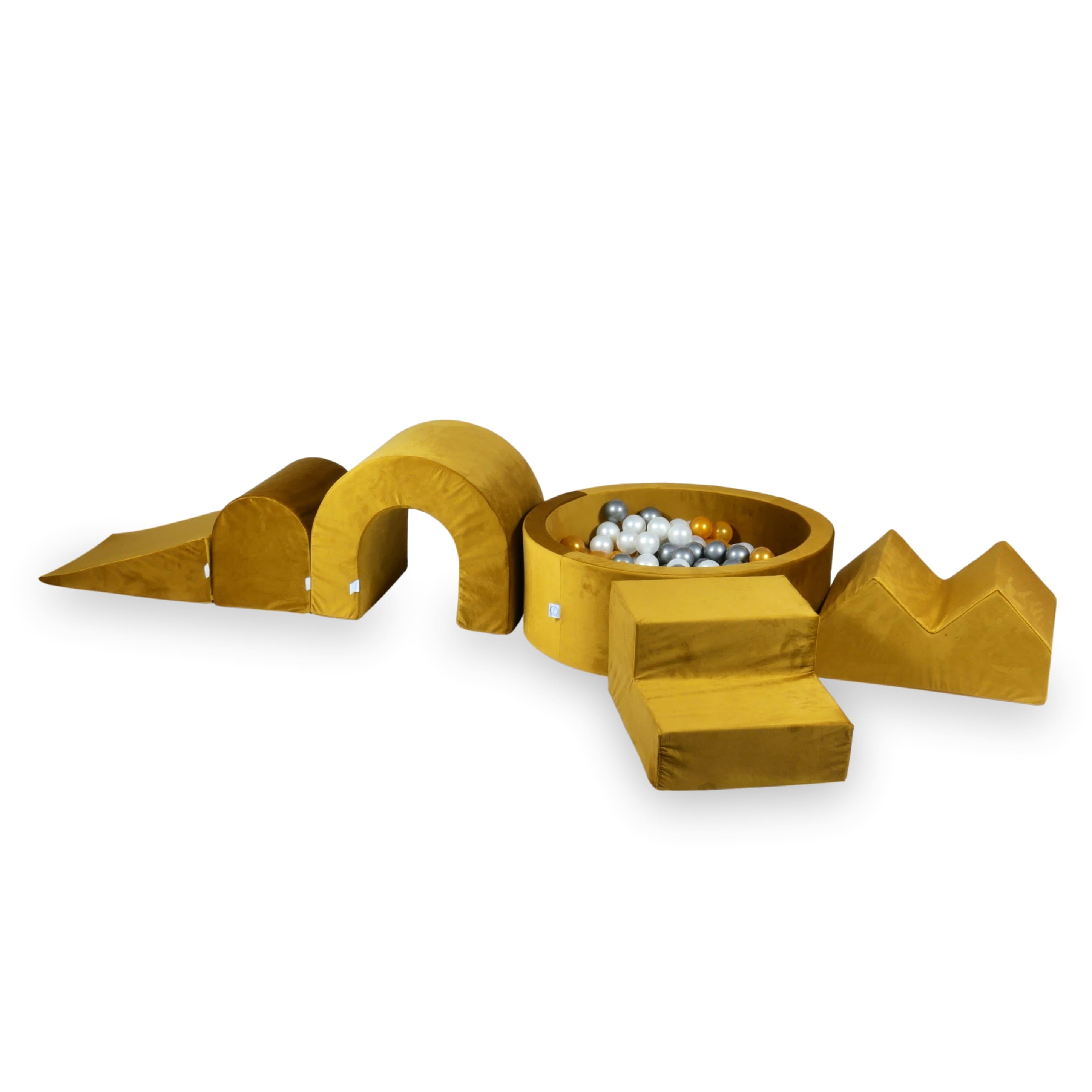 Schaumstoff-Spielbereich mit rundem 90x30 Velvet Gold Pool + 5 Elementen + 200 Bällen (Perlmutt, Silber, Hellgold)