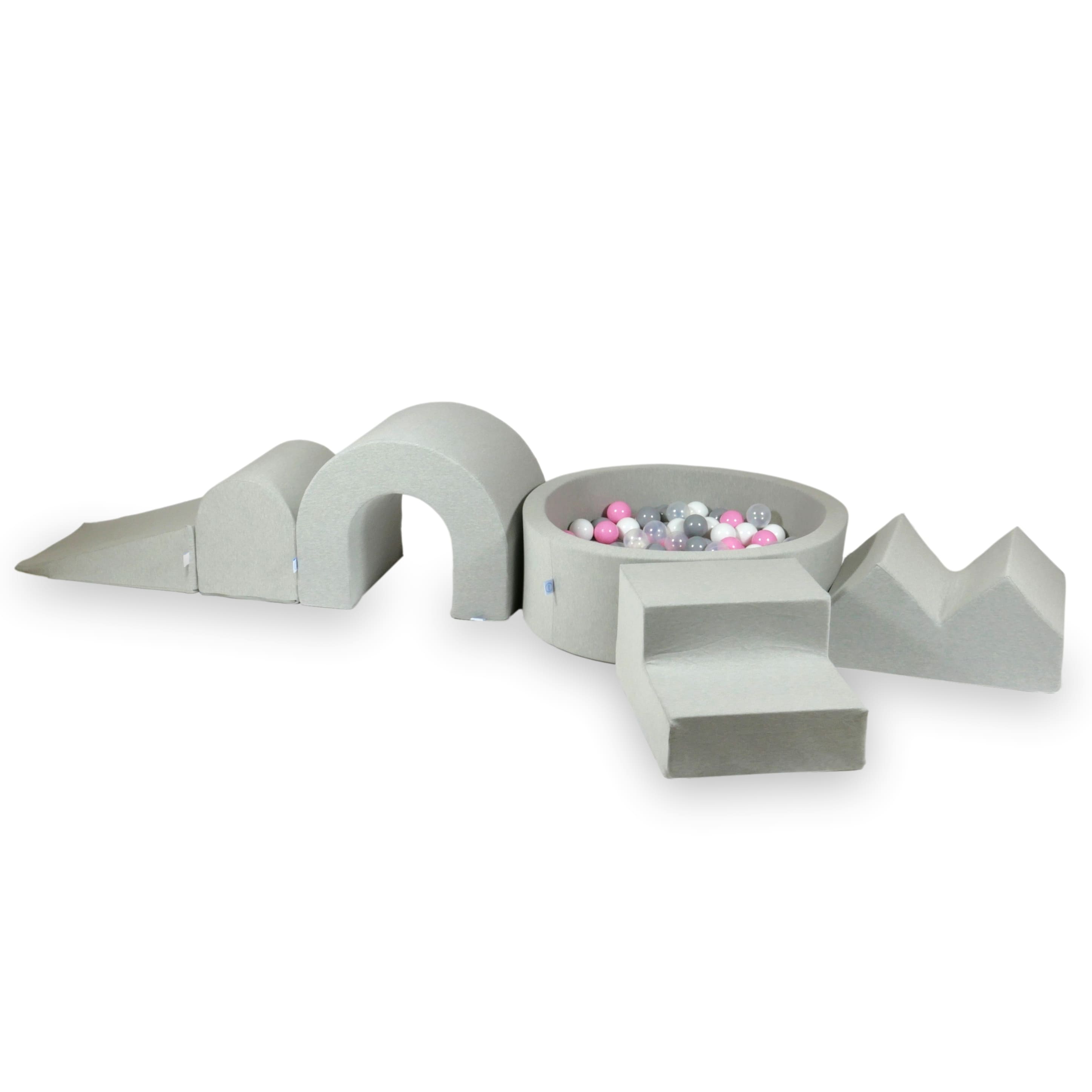 Schaumstoffspielbereich mit rundem Pool 90x30 Hellgrau + 5 Elemente + 200 Bälle (transparent, weiß, grau, puderrosa)