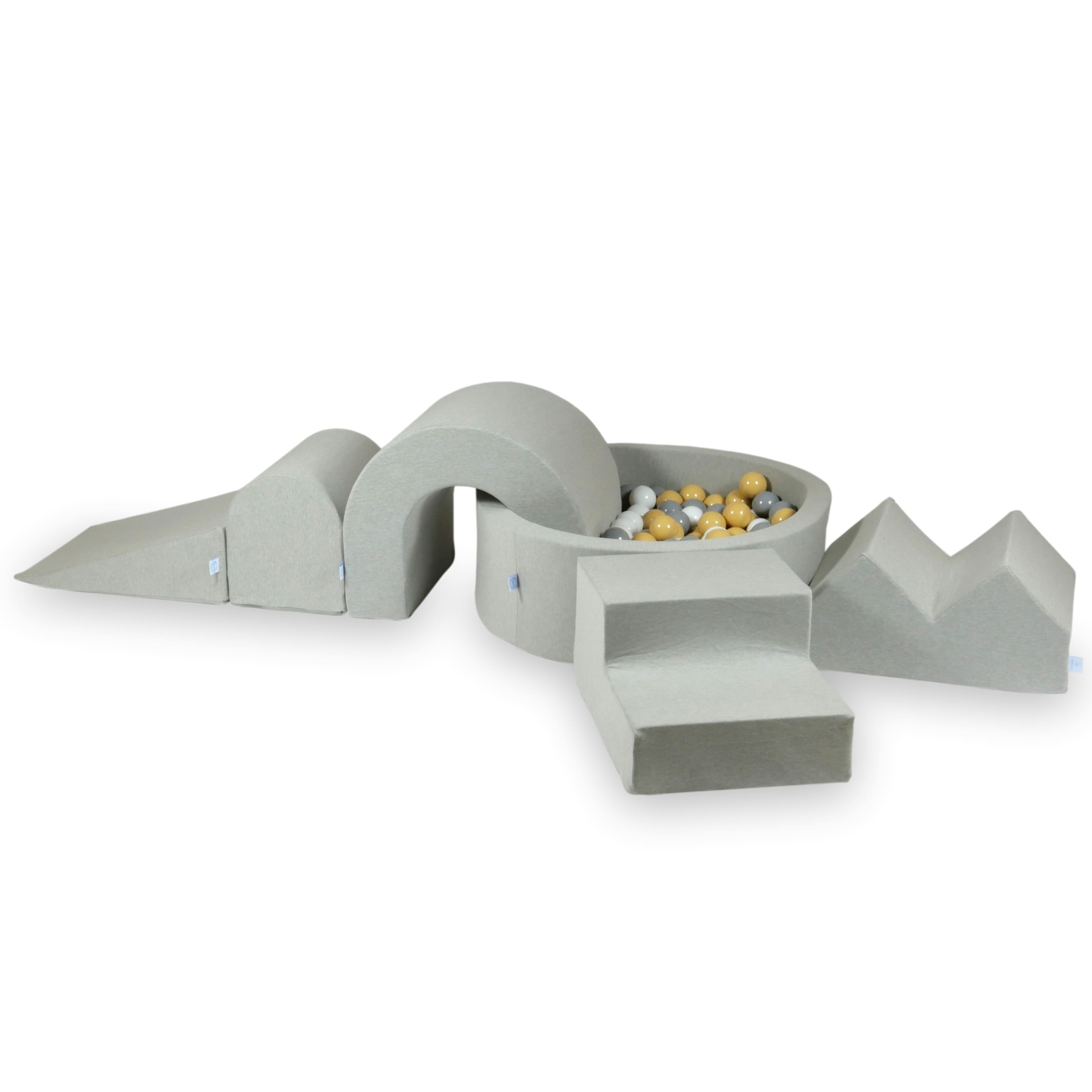 Schaumstoffspielbereich mit rundem Pool 90x30 Hellgrau + 5 Elemente + 200 Bälle (transparent, weiß, grau, puderrosa)