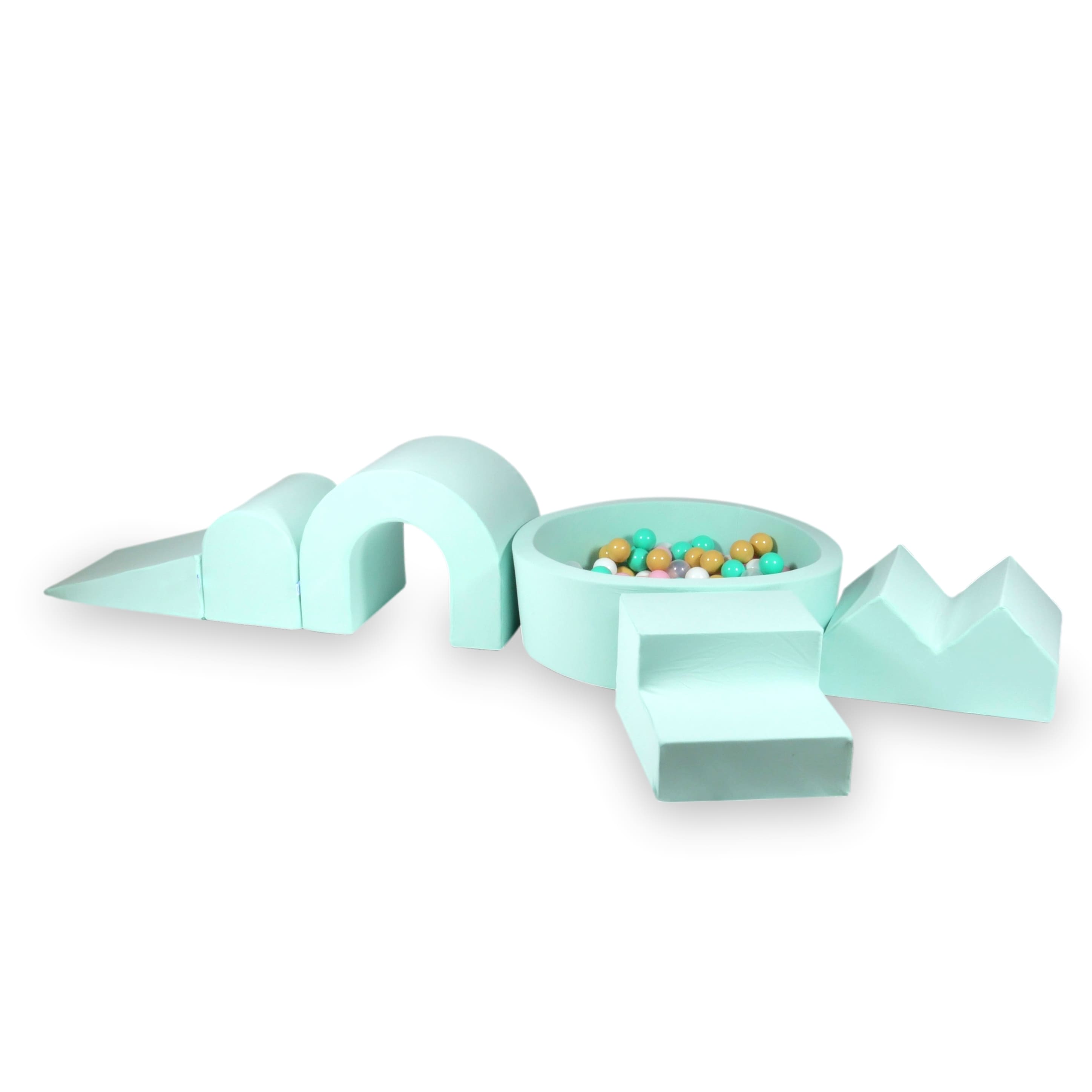 Schaumstoffspielbereich mit rundem 90x30-Pool in Mintgrün + 5 Elementen + 200 Bällen (transparent, weiß, hellrosa, mintgrün, beige)