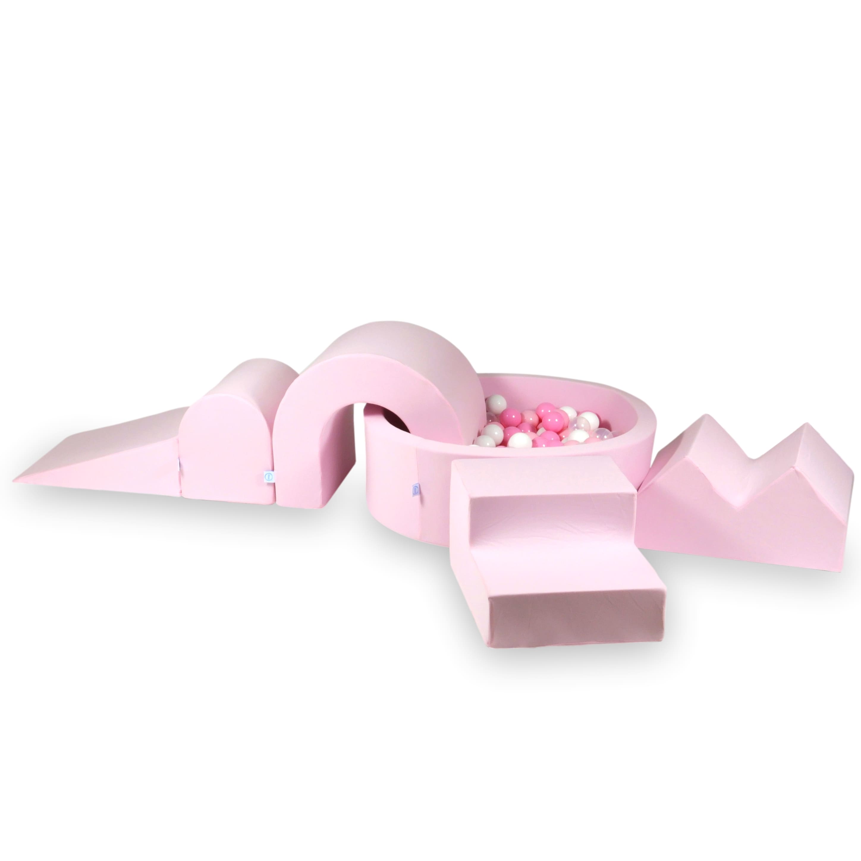 Schaumstoffspielbereich mit rundem 90x30cm Pool in Puderrosa + 5 Elementen + 200 Bällen (Perlmutt, Grau, Hellrosa)