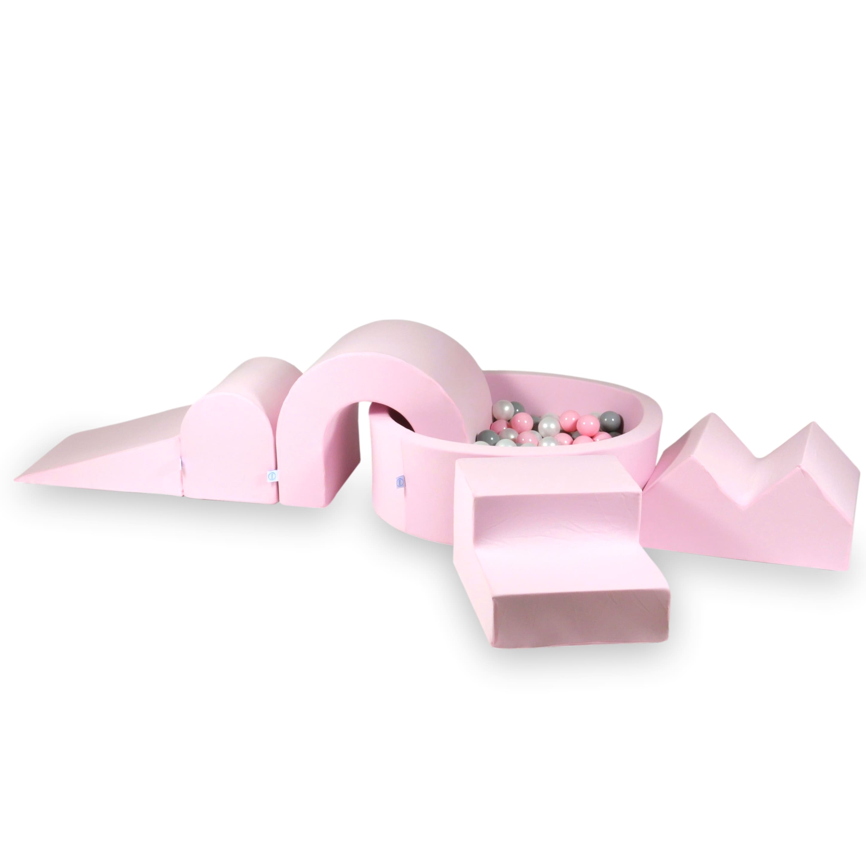 Schaumstoffspielbereich mit rundem Pool 90x30 Puderrosa + 5 Elemente + 200 Bälle (transparent, weiß, hellrosa, Puderrosa)