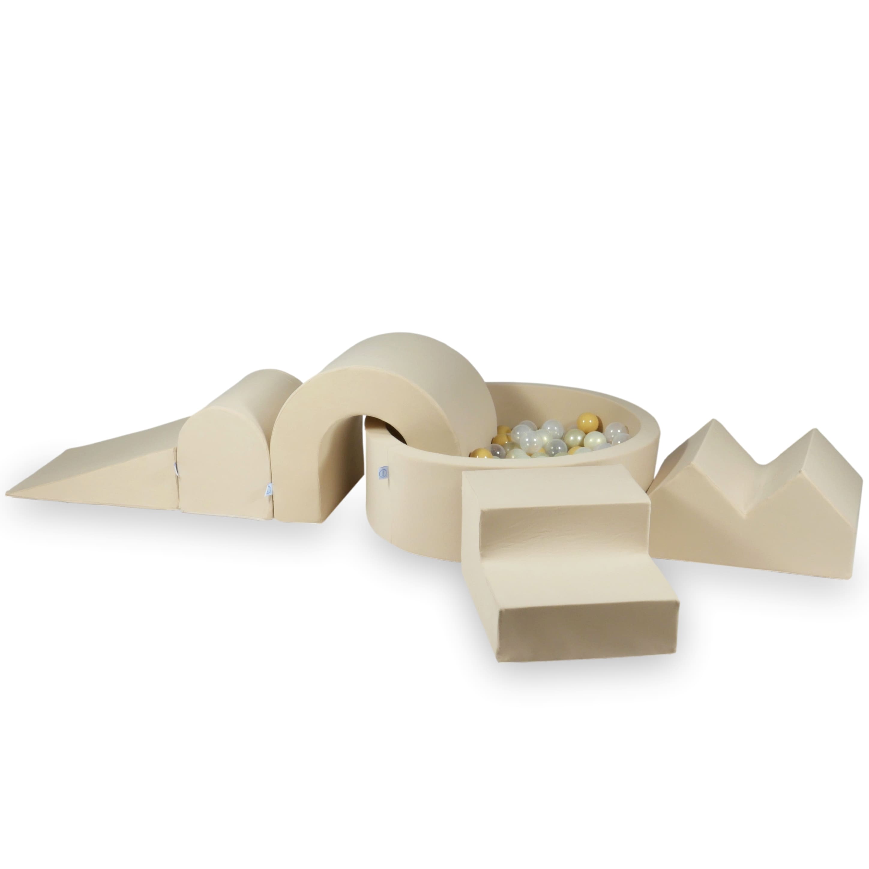 Schaumstoff-Spielbereich mit rundem 90x30cm Pool, beige + 5 Elemente + 200 Bälle (transparent, hellgold, opalisierend)