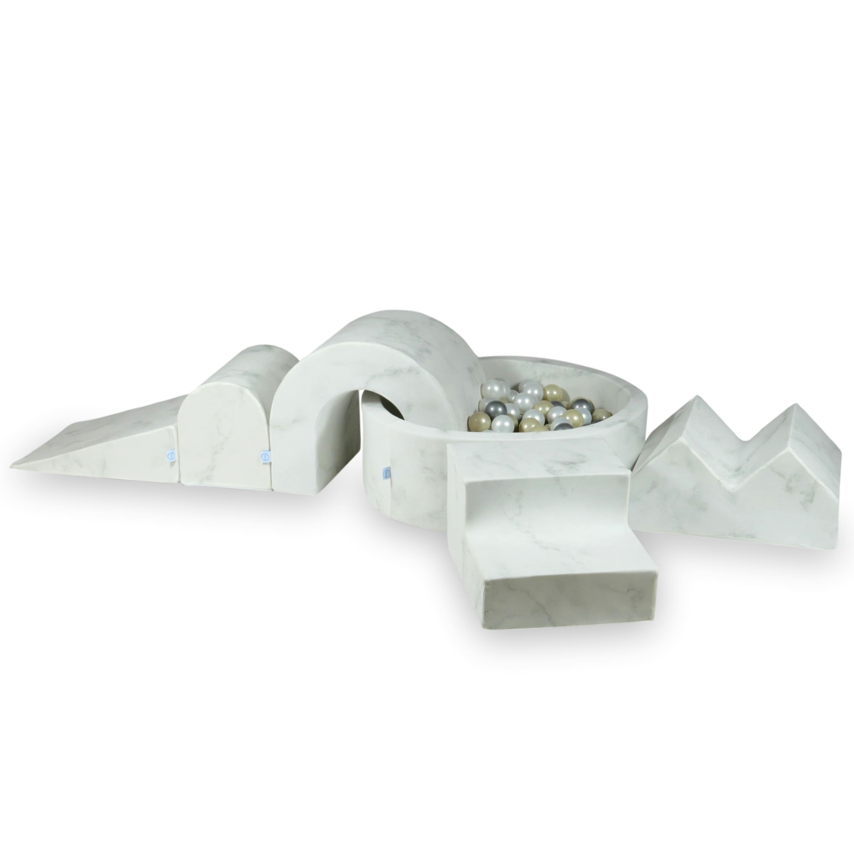 Schaumstoffspielbereich mit rundem 90x30 Marmorbecken + 5 Elementen + 200 Bällen (transparent, perlmuttfarben, silber)