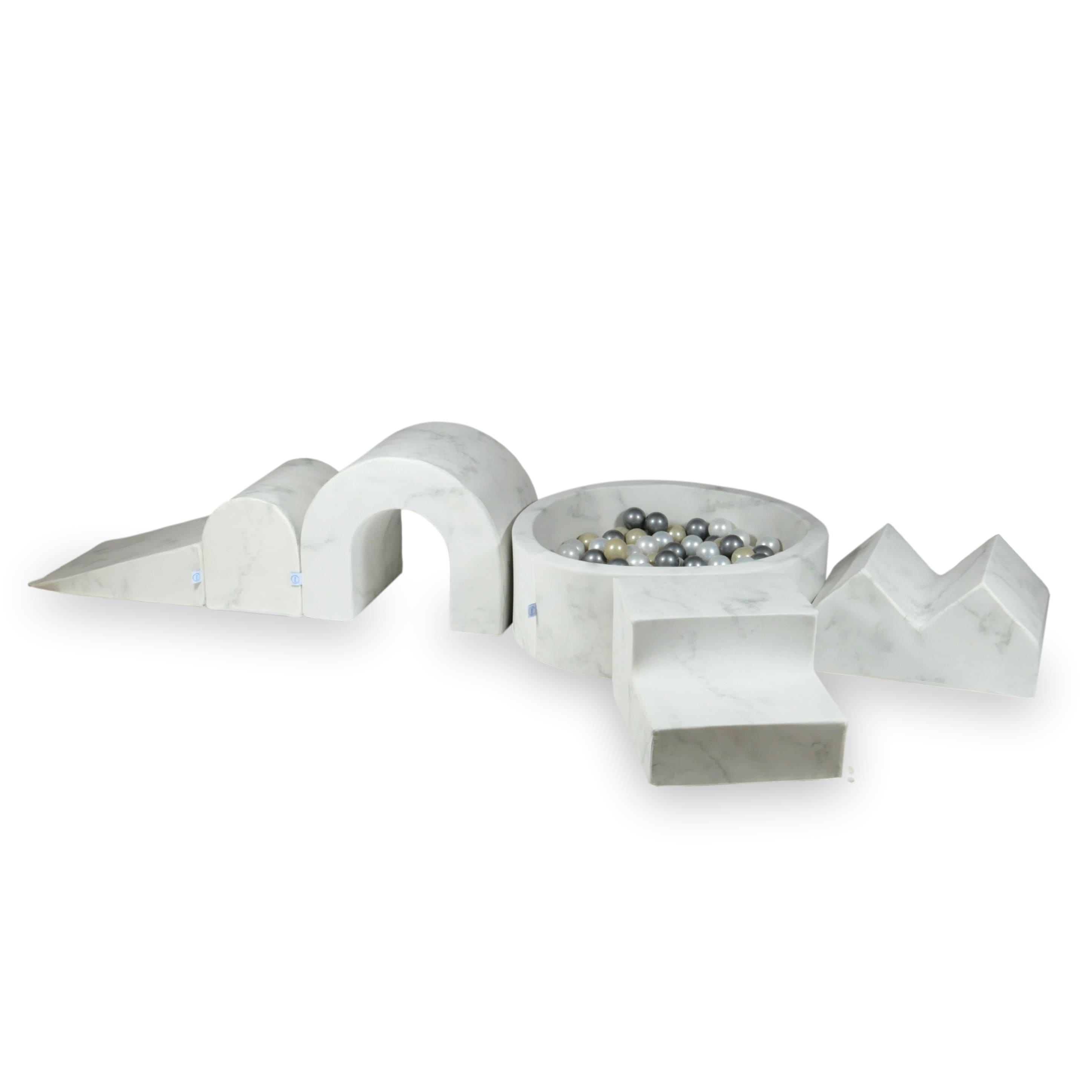 Schaumstoffspielbereich mit rundem 90x30 Marmorbecken + 5 Elementen + 200 Bällen (Perlmutt, Silber, Hellgold)