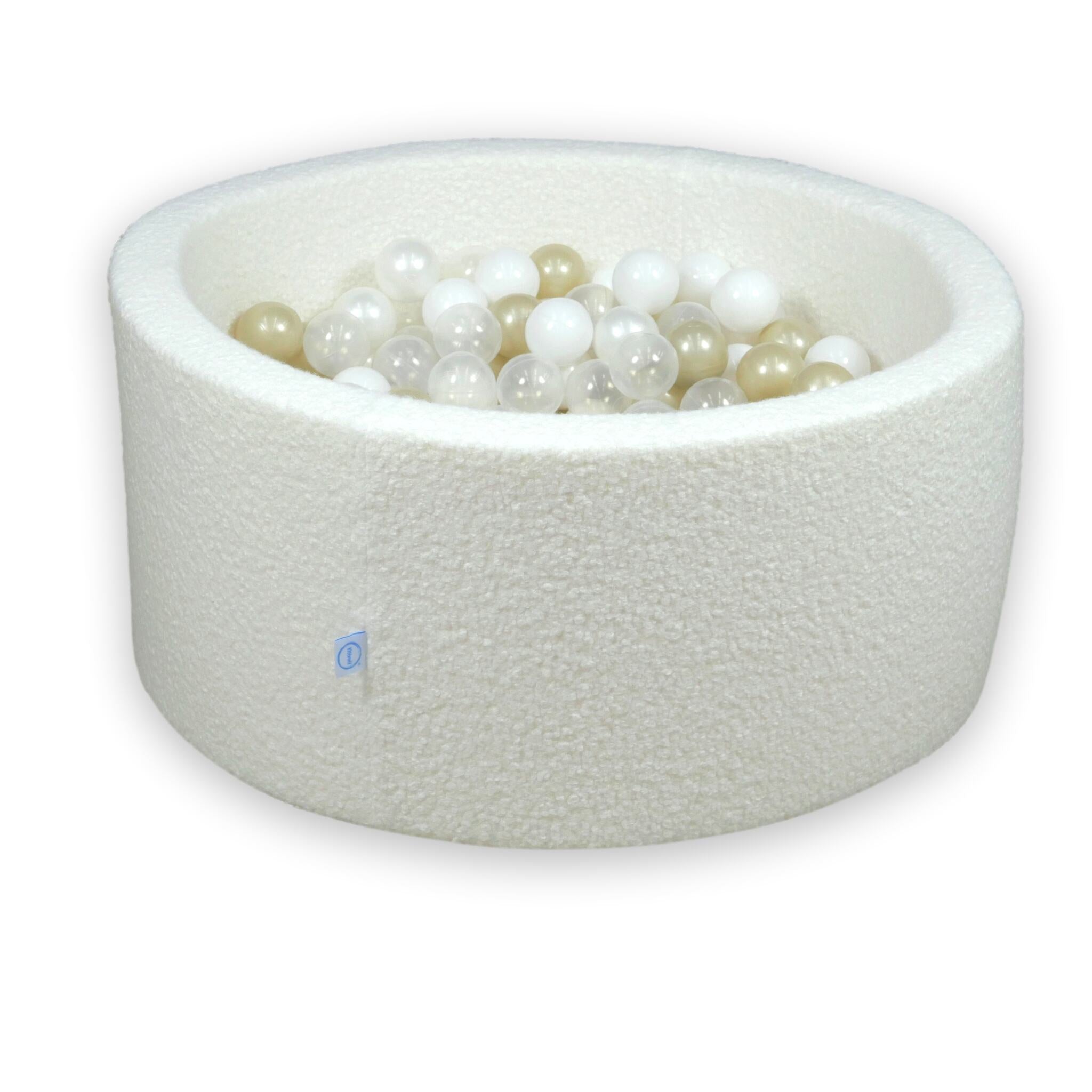 Bällebad 90x40 Schleife, 300 weiße Bälle (transparent, weiß, perlmuttfarben, hellgold)
