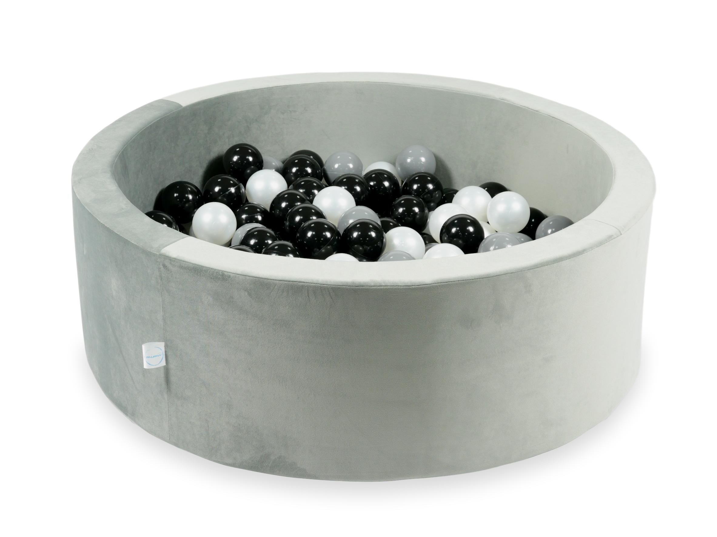 Schaumstoffspielbereich mit Hügel und Pool, grauer Mikrosamt + 100 Bälle (silber, perlmutt, roségold)