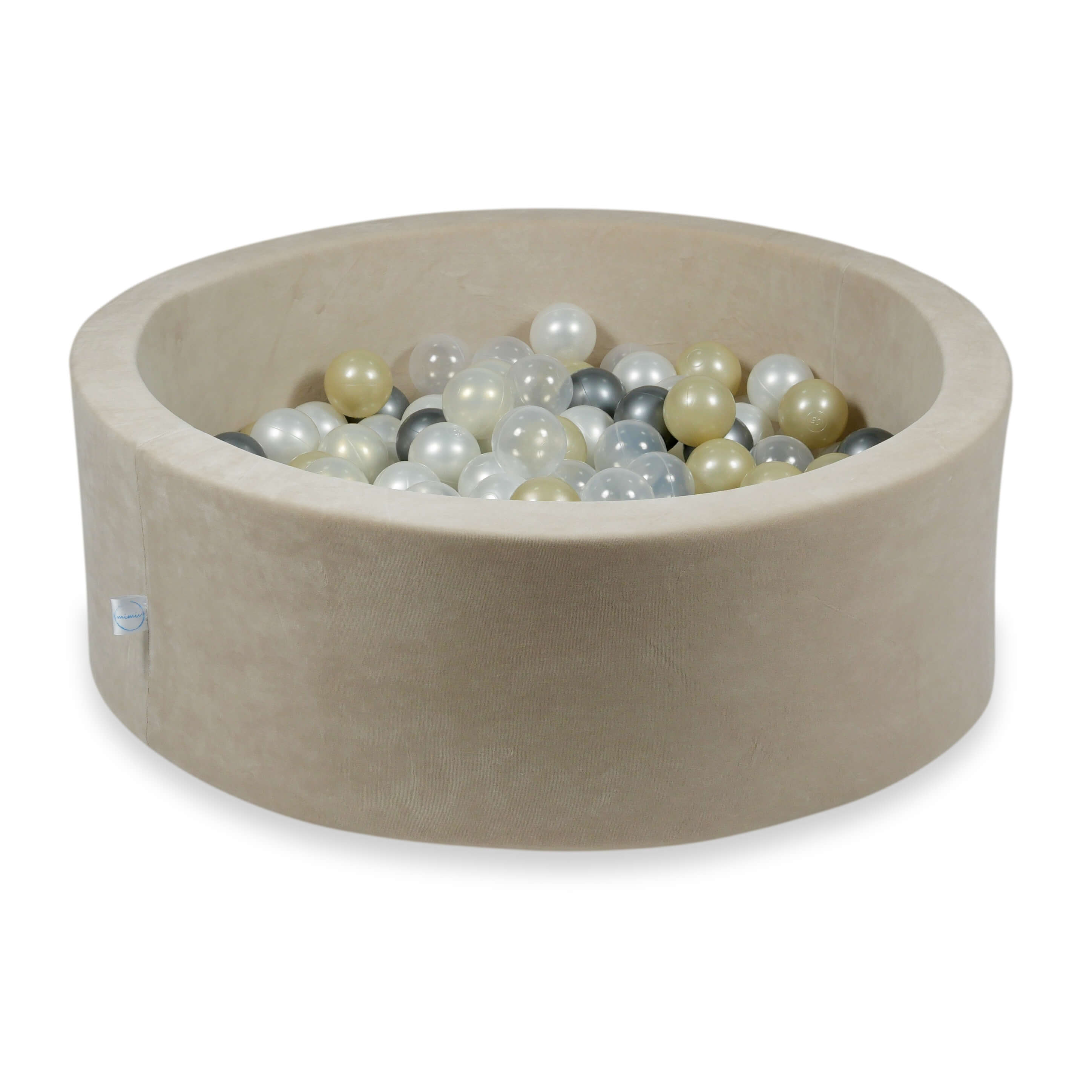 Schaumstoffspielbereich mit Hügel und Pool, mikrofein samtweich beige + 100 Bälle (hellgold, silber, perlmutt, transparent)