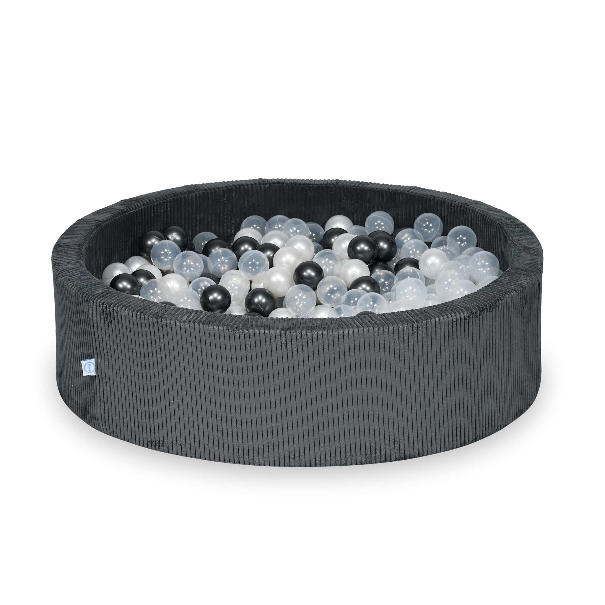 Rundes Bällebad aus graphitfarbenem Cord, 110 x 30 cm – 400 Bälle (transparent, perlmuttfarben, metallisch-graphitfarben)