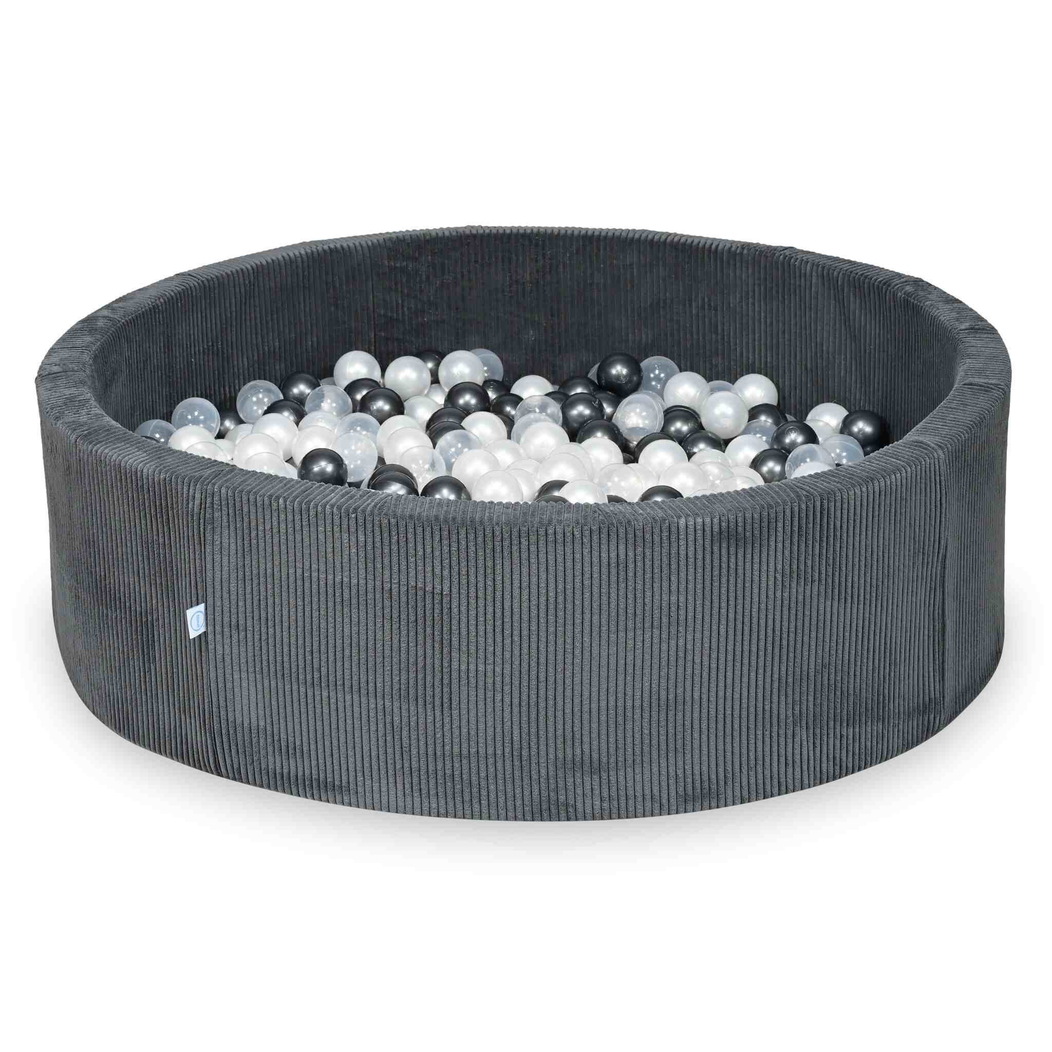 Rundes Bällebad aus graphitfarbenem Cord, 130 x 40 cm – 700 Bälle (transparent, perlmuttfarben, metallisch-graphitfarben)