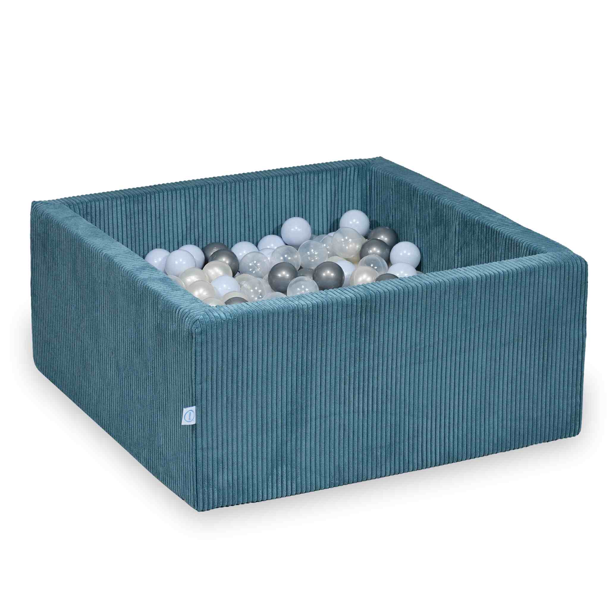 Quadratisches Bällebad aus blauem Cord, 90x90x40cm – 400 Bälle (transparent, silber, perlmuttfarbenes Himmelblau, irisierend)