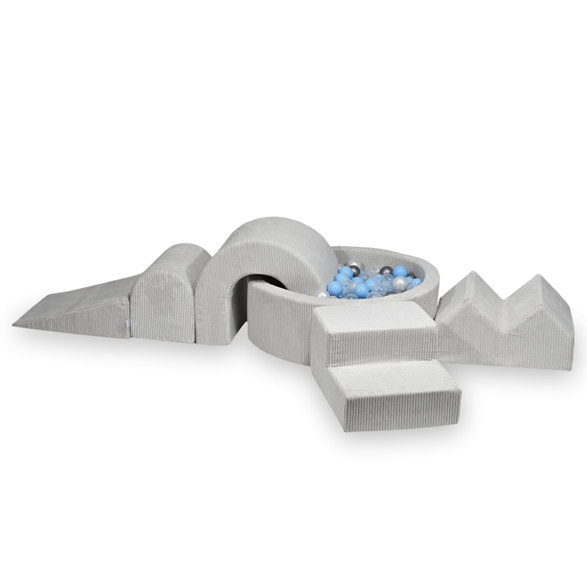 Schaumstoffspielbereich mit rundem, grauem, geripptem Pool (90 x 30 cm) + 5 Elementen + 200 Bällen