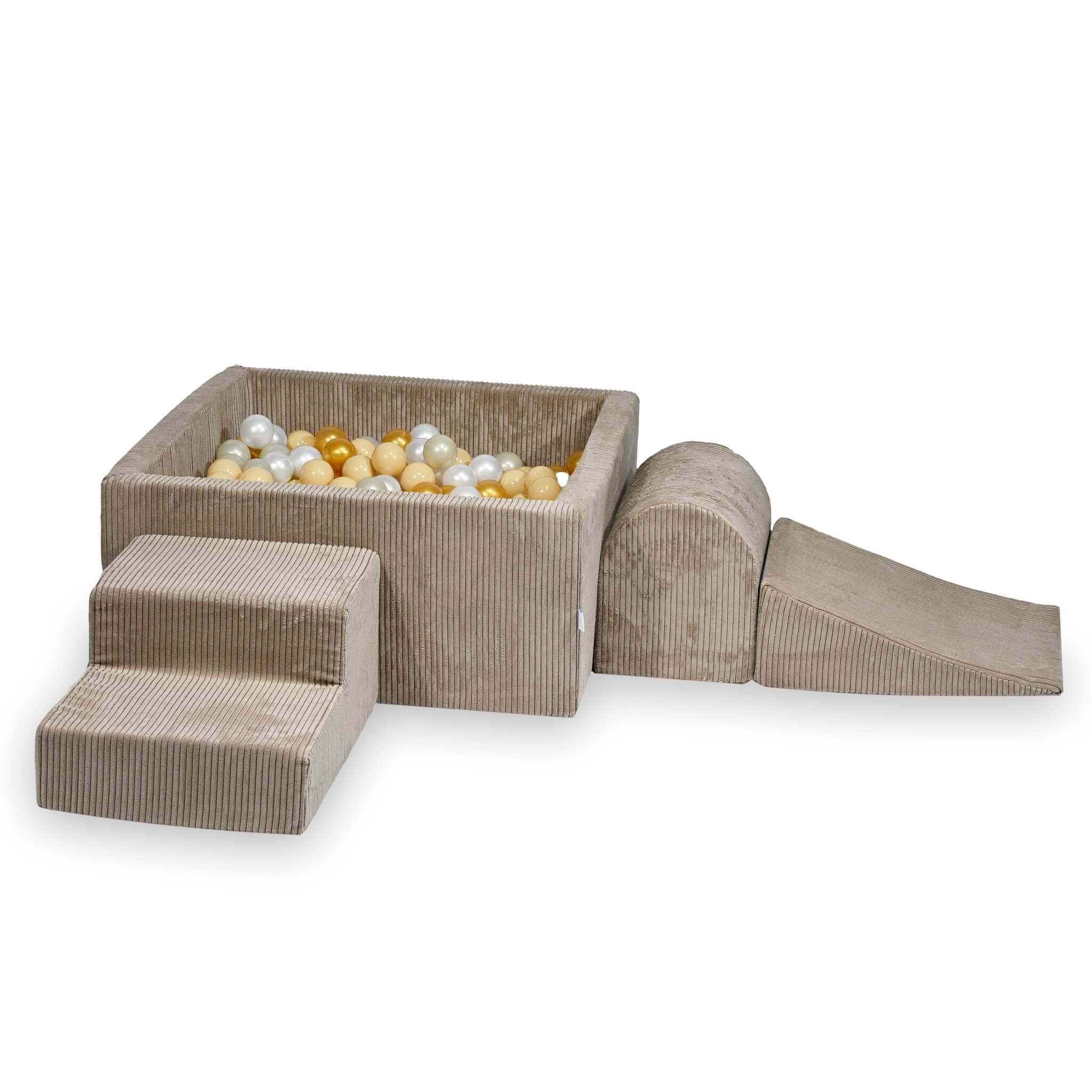 Schaumstoff-Spielbereich mit quadratischem Bällebad, Kinderspielset 90x90x40 cm, gerippte Karamellfarbe + 400 Bälle