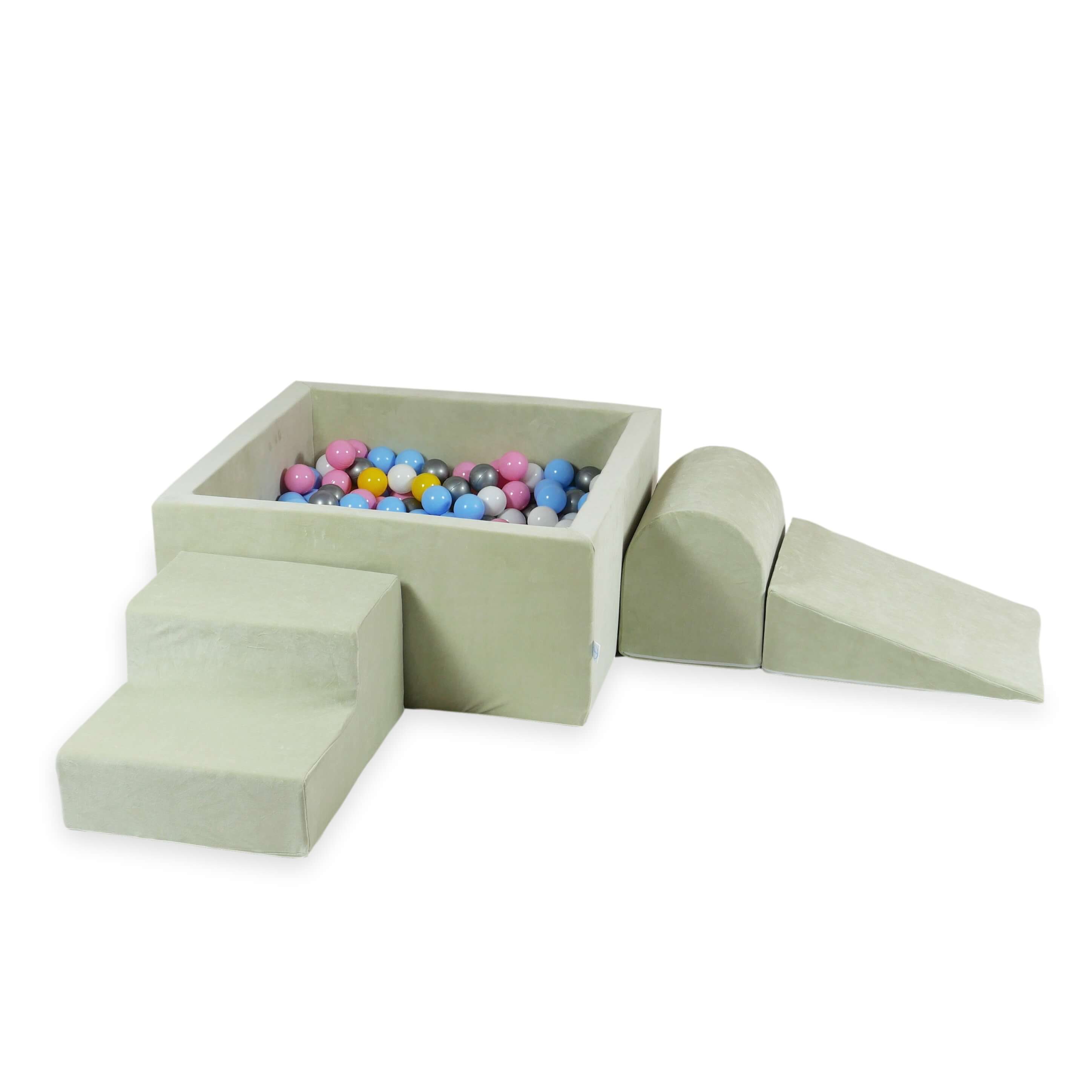 Schaumstoff-Spielbereich mit quadratischem Bällebad, Kinderspielset 90x90x40 cm, samtweich, pistazienfarben + 400 Bälle