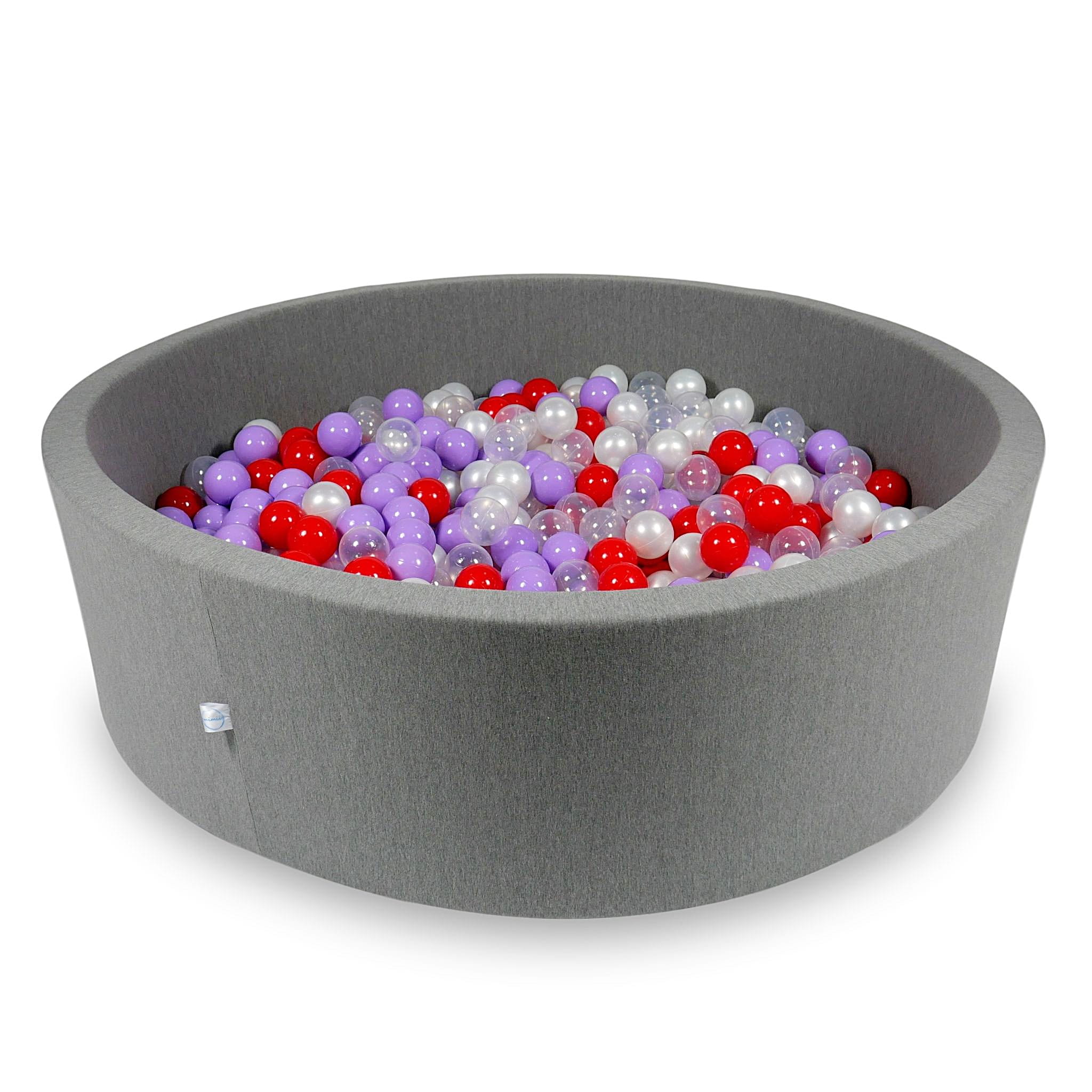 Graues Bällebad 130x40cm mit 700 Bällen (Transparent, Perlmutt, Heidekraut, Rot)