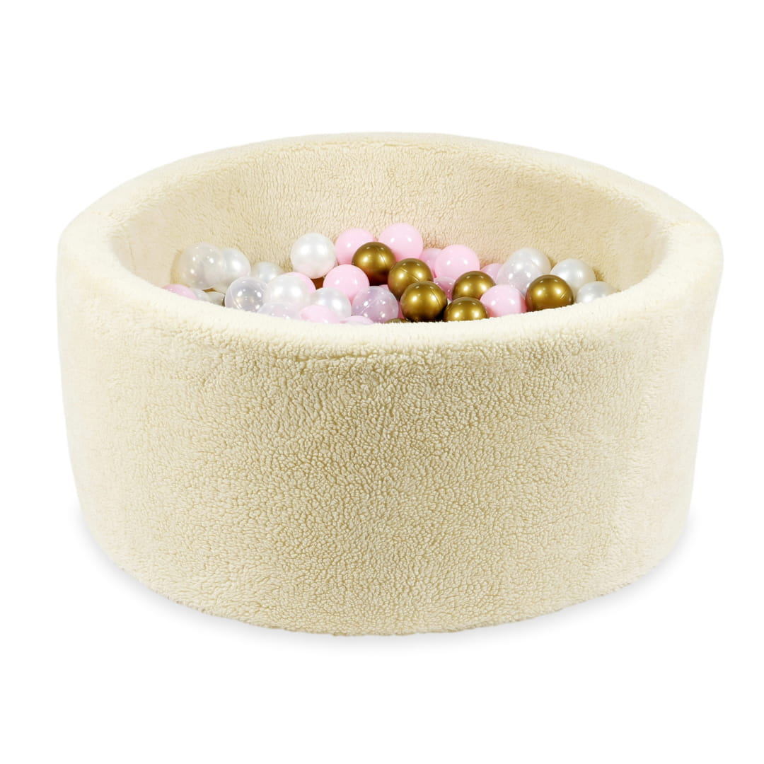 Teddy-beige Bällebad 90x40 mit 300 Bällen (Altgold, Hellrosa, Transparent, Perlmutt)