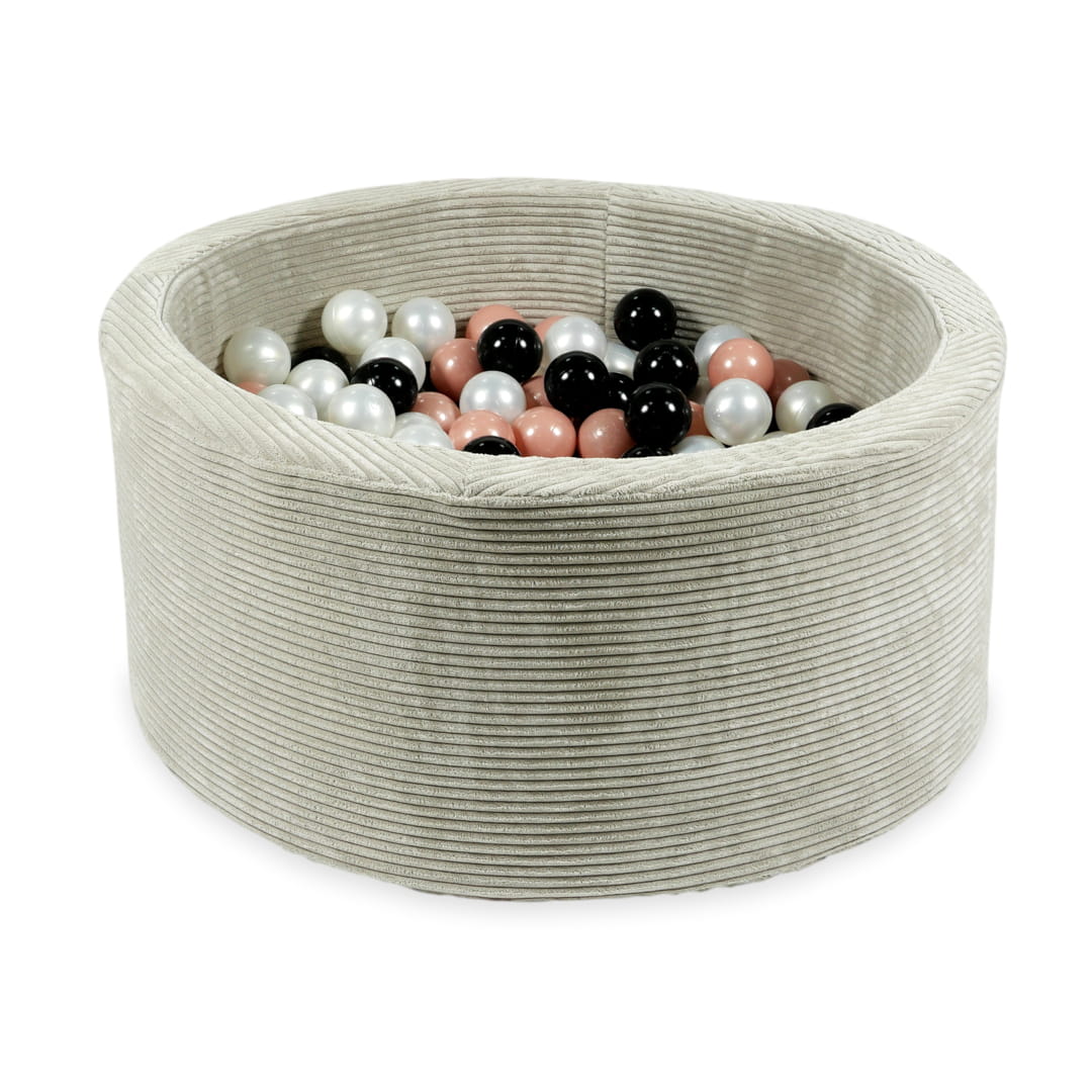 90x40 cm großes, graues Cord-Bällebad mit 300 Bällen (Perlmutt, Roségold, Schwarz)