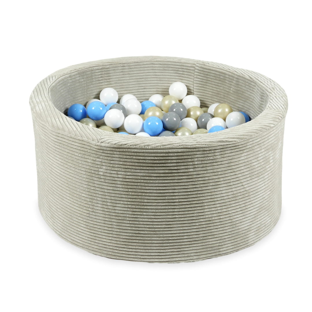 90x40 cm großes, graues Cord-Bällebad mit 300 Bällen (hellgold, hellblau, grau, weiß)