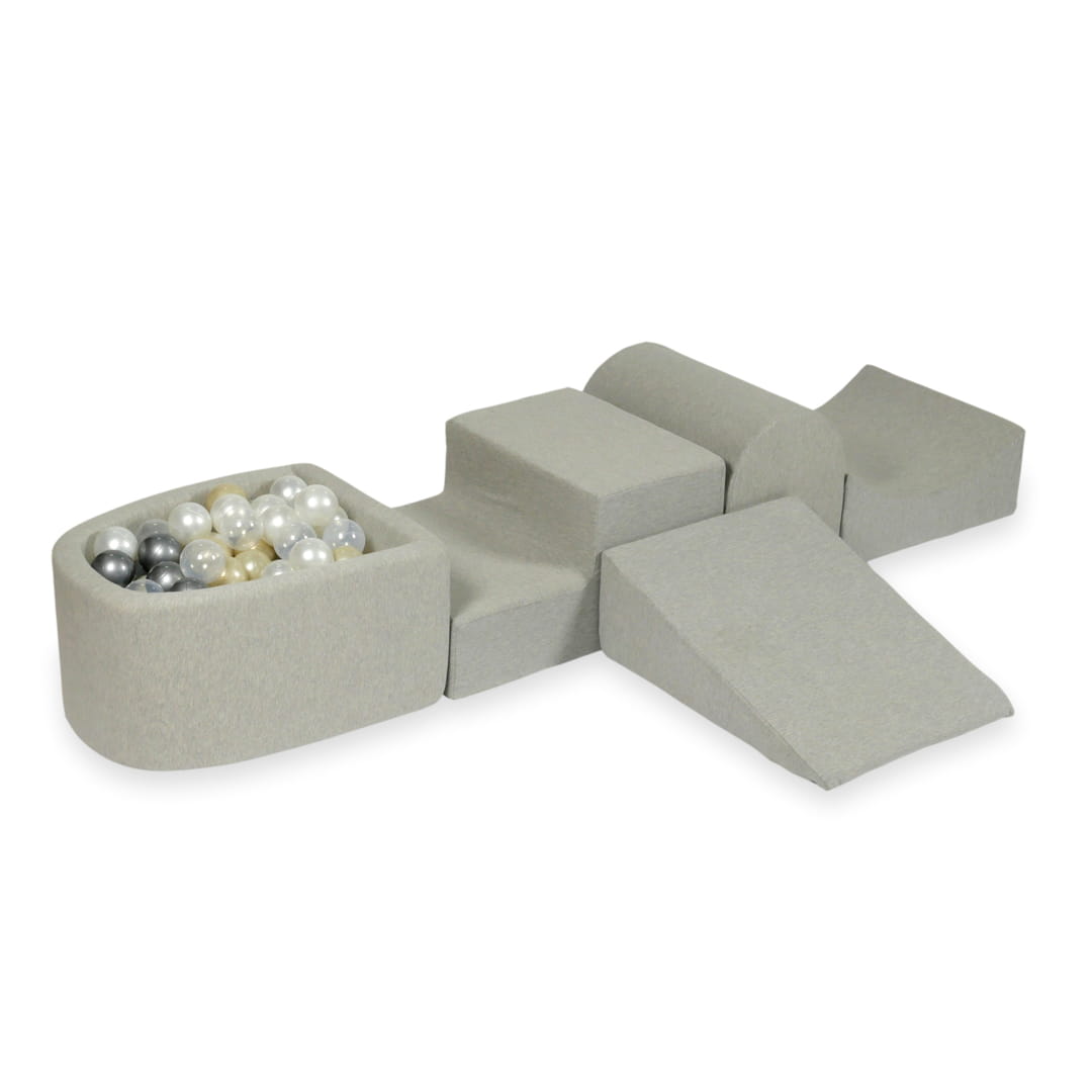 Schaumstoffspielbereich mit Hügel und hellgrauem Mini-Pool + 100 Bälle (hellgold, perlmuttfarben, silber, transparent)