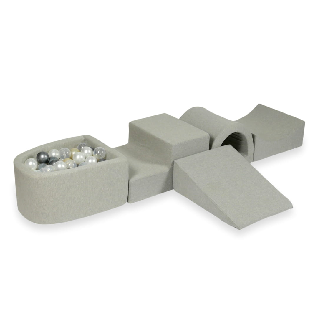 Schaumstoffspielbereich mit Brücke und hellgrauem Mini-Pool + 100 Bälle (hellgold, perlmuttfarben, silber, transparent)