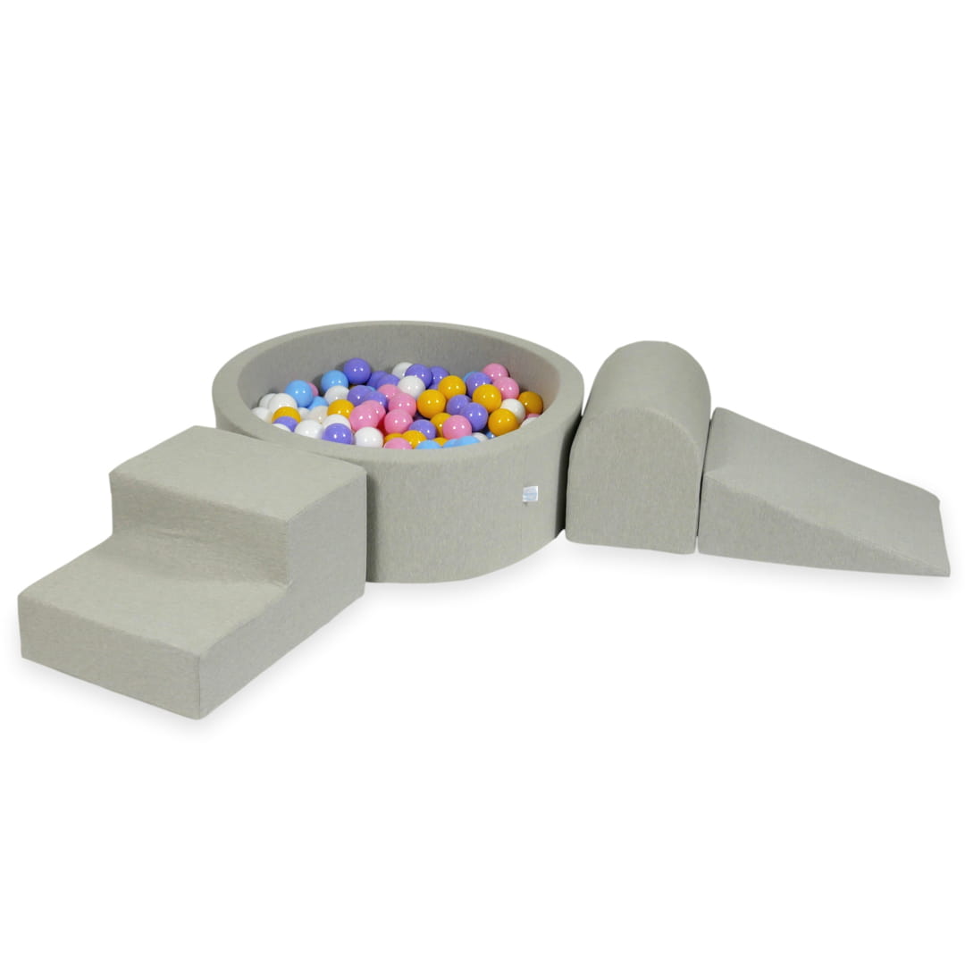 Schaumstoffspielbereich mit rundem, hellgrauem 90x30-Pool + 200 Bällen (hellblau, gelb, meliert, puderrosa, weiß)