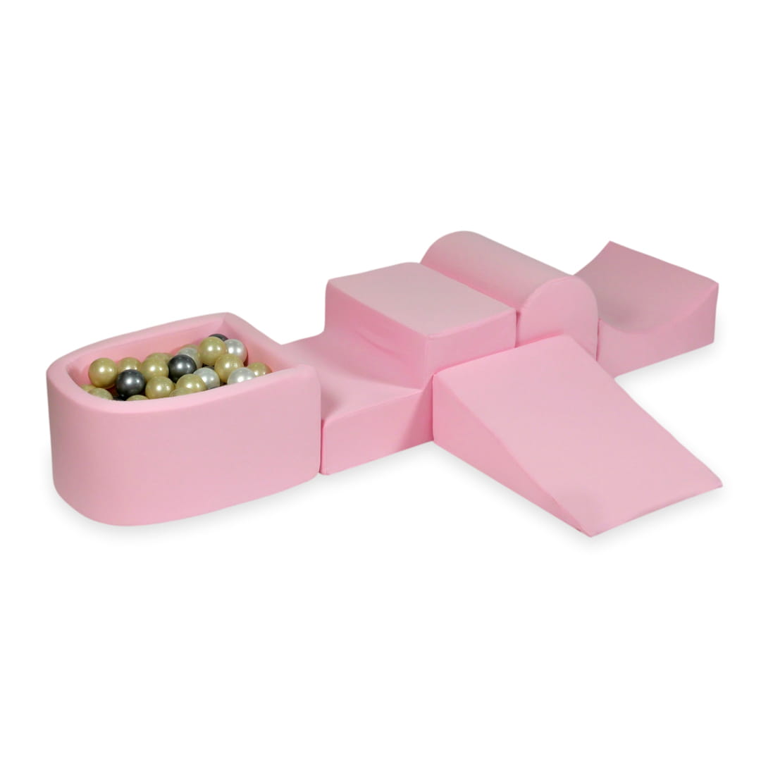 Schaumstoffspielbereich mit Hügel und puderrosa Mini-Pool + 100 Bälle (hellgold, perlmuttfarben, silber, transparent)