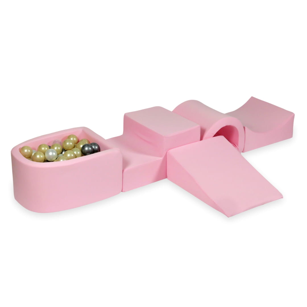 Schaumstoffspielbereich mit Brücke und puderrosa Mini-Pool + 100 Bälle (hellgold, perlmuttfarben, silber, transparent)