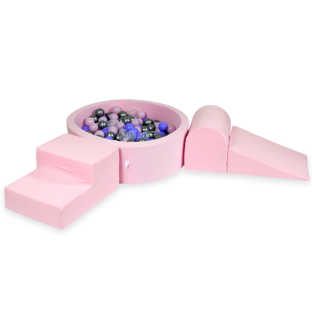 Schaumstoffspielbereich mit rundem, puderrosafarbenem Pool (90 x 30 cm) + 200 Bällen (perlmuttrosa, silber, transparent, meliert)