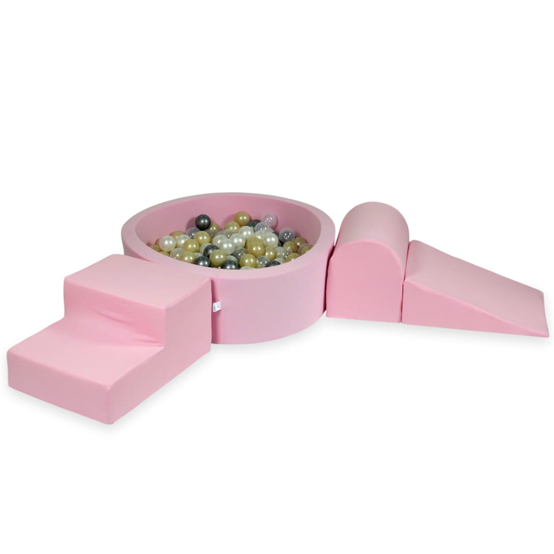 Schaumstoffspielbereich mit rundem, 90x30 cm großem, puderrosafarbenem Pool + 200 Bällen (hellgold, perlmuttfarben, silber, transparent)