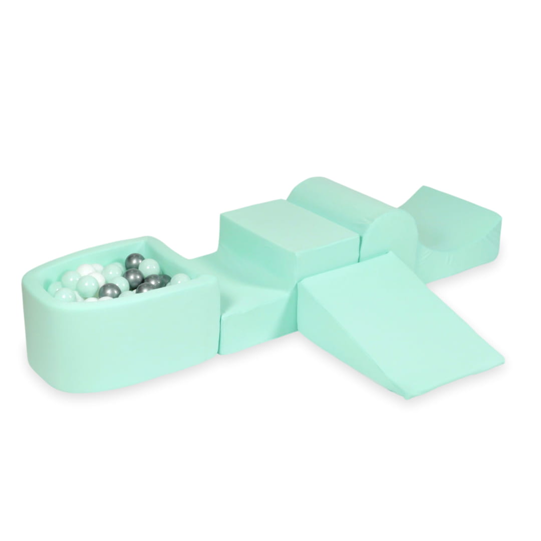 Schaumstoffspielbereich mit Hügel und Mini-Minzbecken + 100 Bälle (hellminzfarben, weiß, silber)