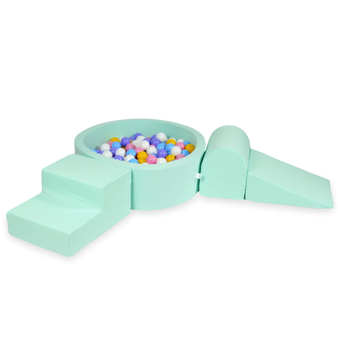 Schaumstoffspielbereich mit rundem 90x30 mintgrünem Pool + 200 Bällen (hellblau, gelb, meliert, puderrosa, weiß)