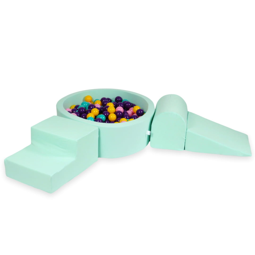 Schaumstoffspielbereich mit rundem, mintfarbenem Pool (90 x 30 cm) + 200 Bällen (lila, puderrosa, türkis, gelb)