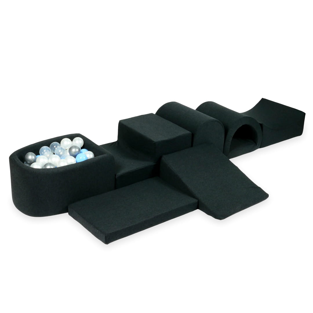 Größter Schaumstoffspielbereich mit Graphit-Mikropool + 100 Bälle (silber, hellblau, perlmuttfarben, transparent)