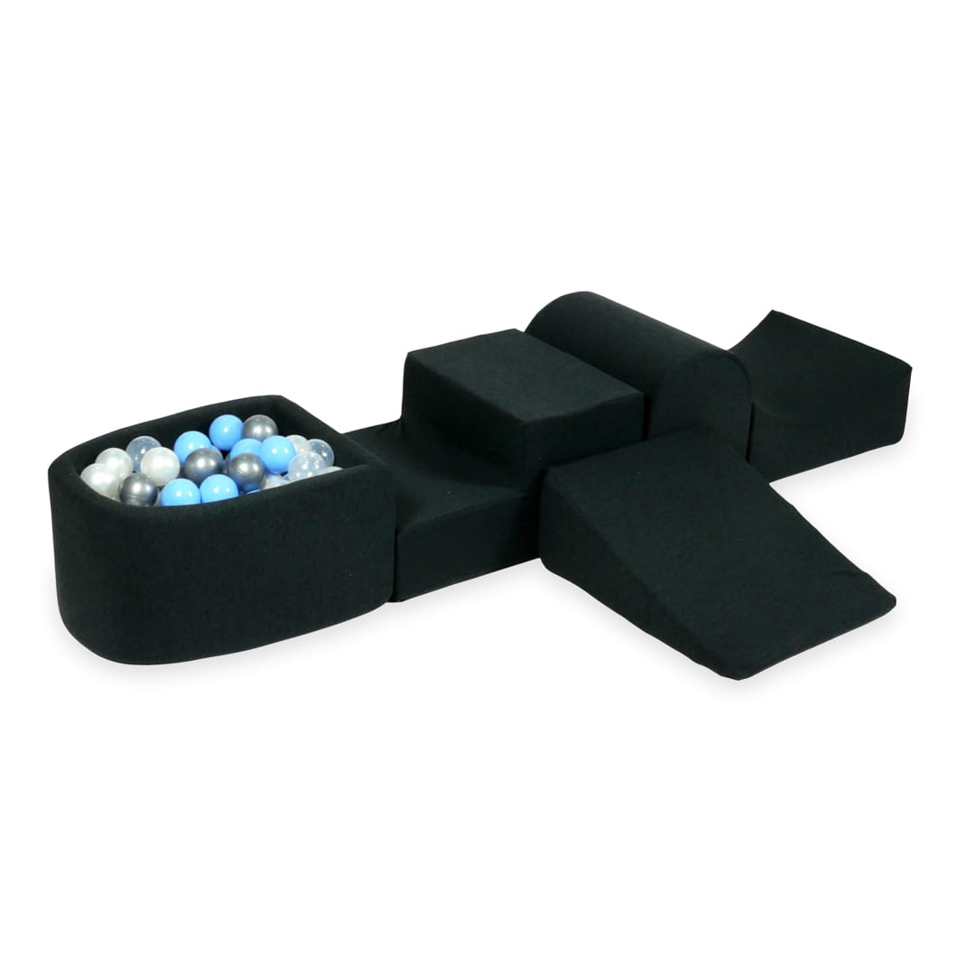 Schaumstoffspielbereich mit Hügel und Mikrographitbecken + 100 Bälle (silber, hellblau, perlmuttfarben, transparent)