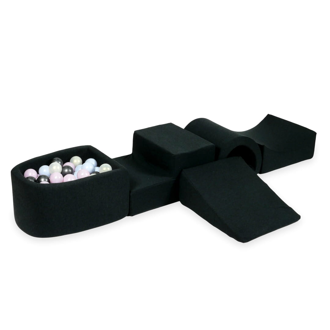 Schaumstoffspielbereich mit Brücke und Mikrographitbecken + 100 Bälle (Perlmuttrosa, Perlmuttblau, Metallic-Graphit, irisierend)