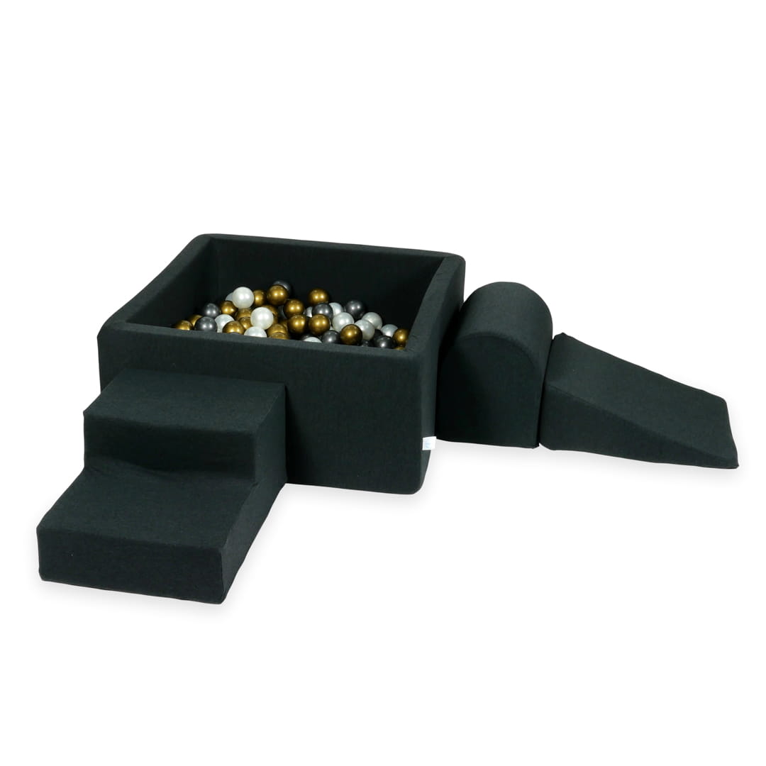 Schaumstoffspielbereich mit quadratischem 90x90x40 Graphitpool + 400 Bälle (Altgold, Metallic-Graphit, Perlmutt)