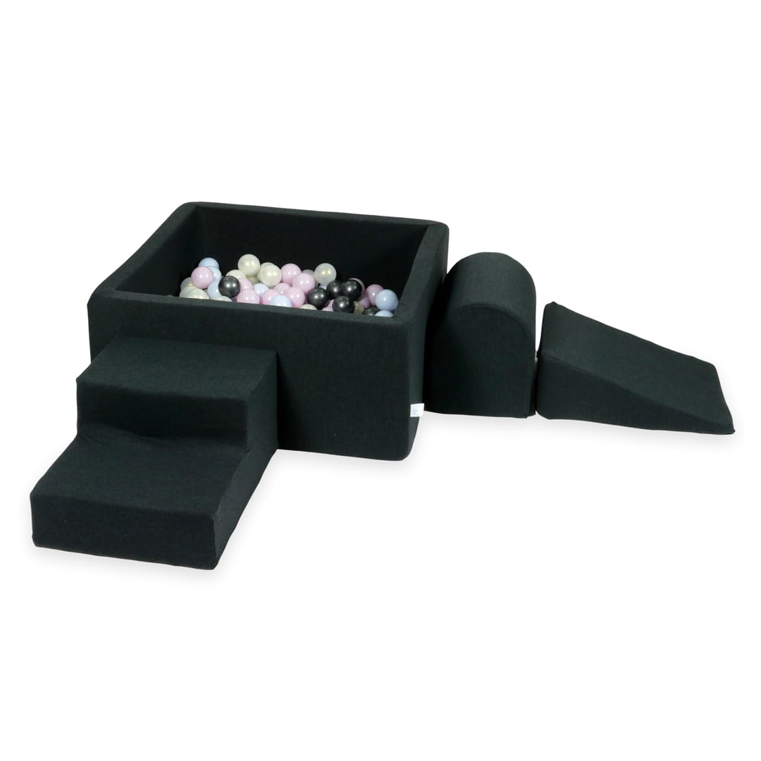 Schaumstoffspielbereich mit quadratischem Pool 90x90x40 Graphit + 400 Bälle (Perlrosa, Perlblau, Metallic-Graphit, irisierend)