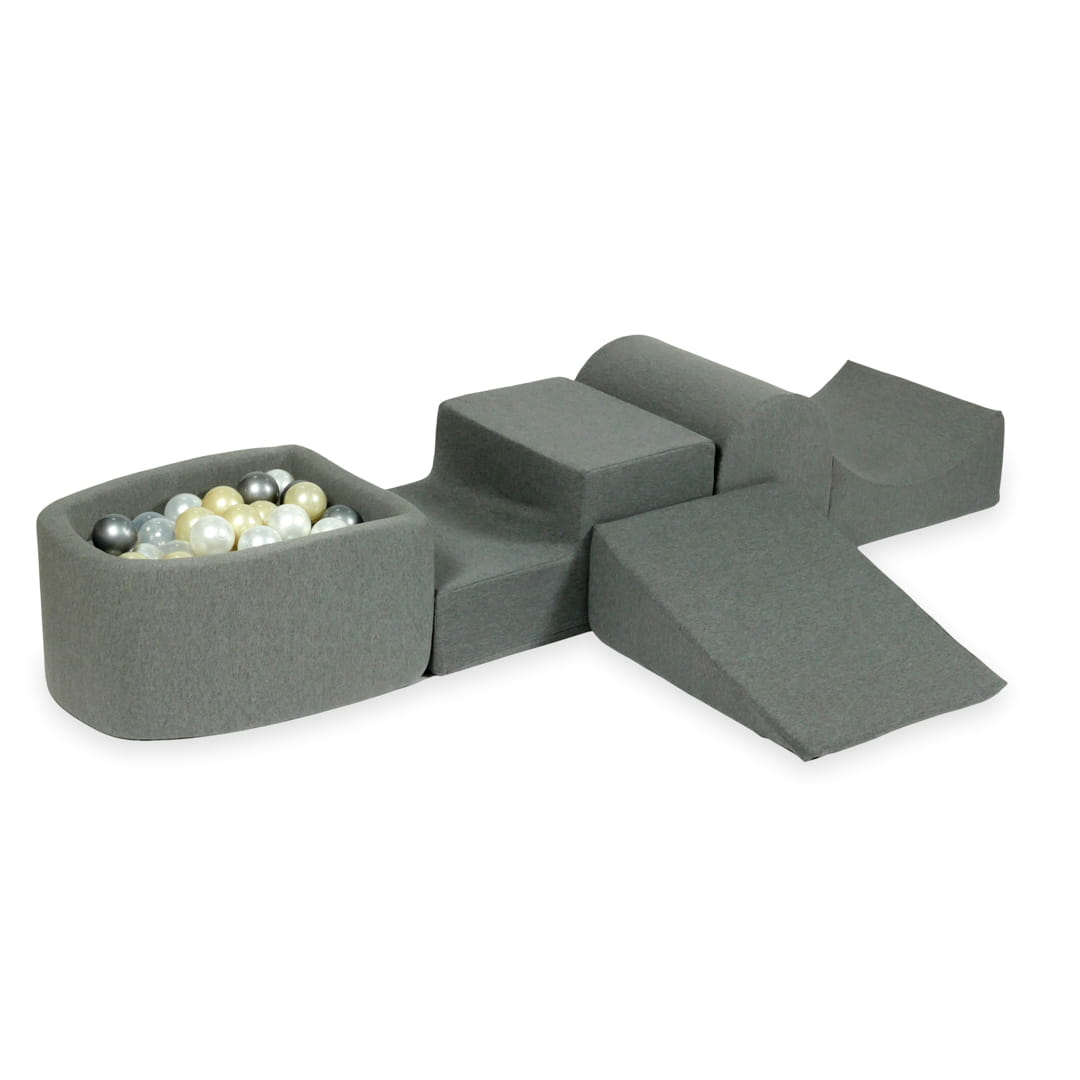 Schaumstoffspielbereich mit Hügel und Mikro-Graubecken + 100 Bälle (Hellgold, Perlmutt, Silber, Transparent)