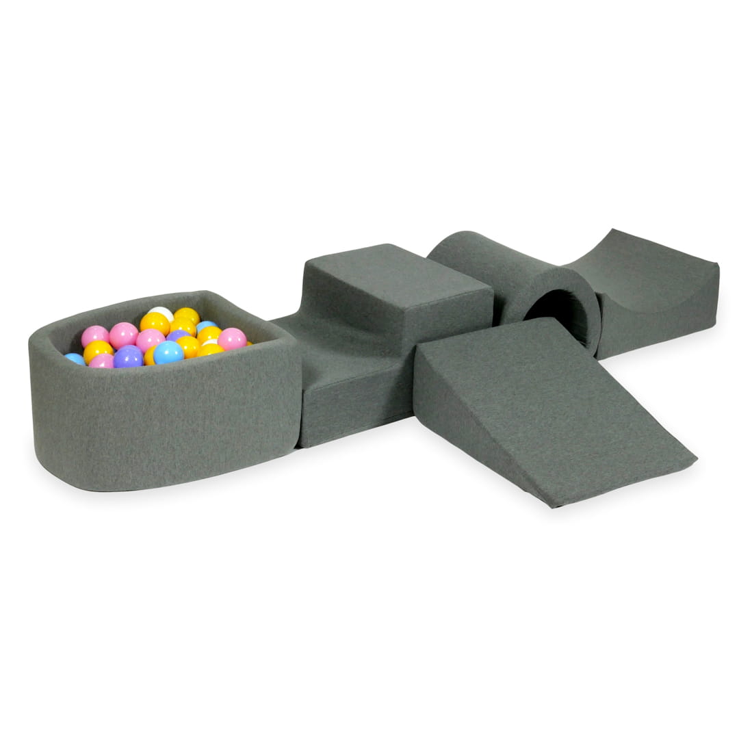 Schaumstoffspielbereich mit Brücke und grauem Mikro-Pool + 100 Bälle (hellblau, gelb, meliert, puderrosa, weiß)