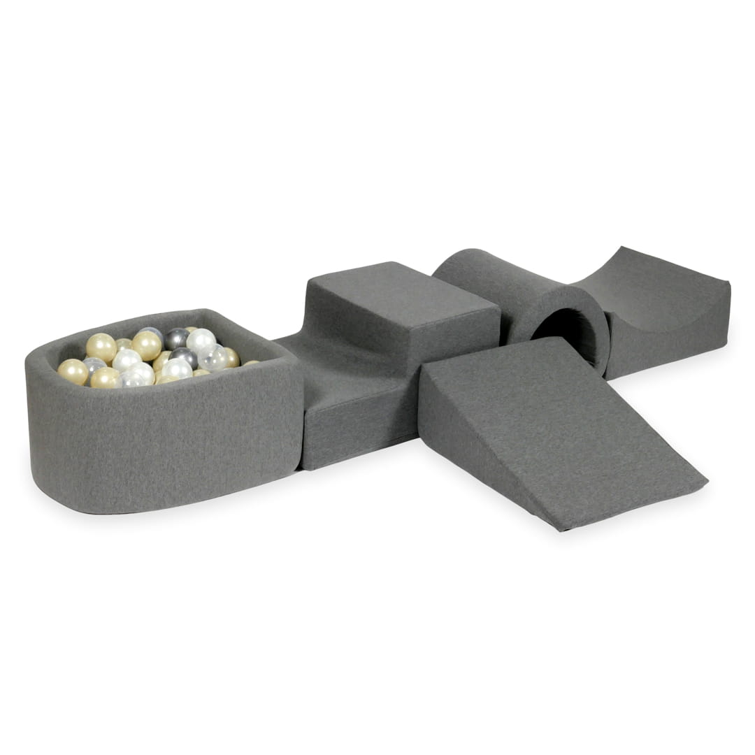 Schaumstoffspielbereich mit Brücke und Mikro-Graubecken + 100 Bälle (Hellgold, Perlmutt, Silber, Transparent)