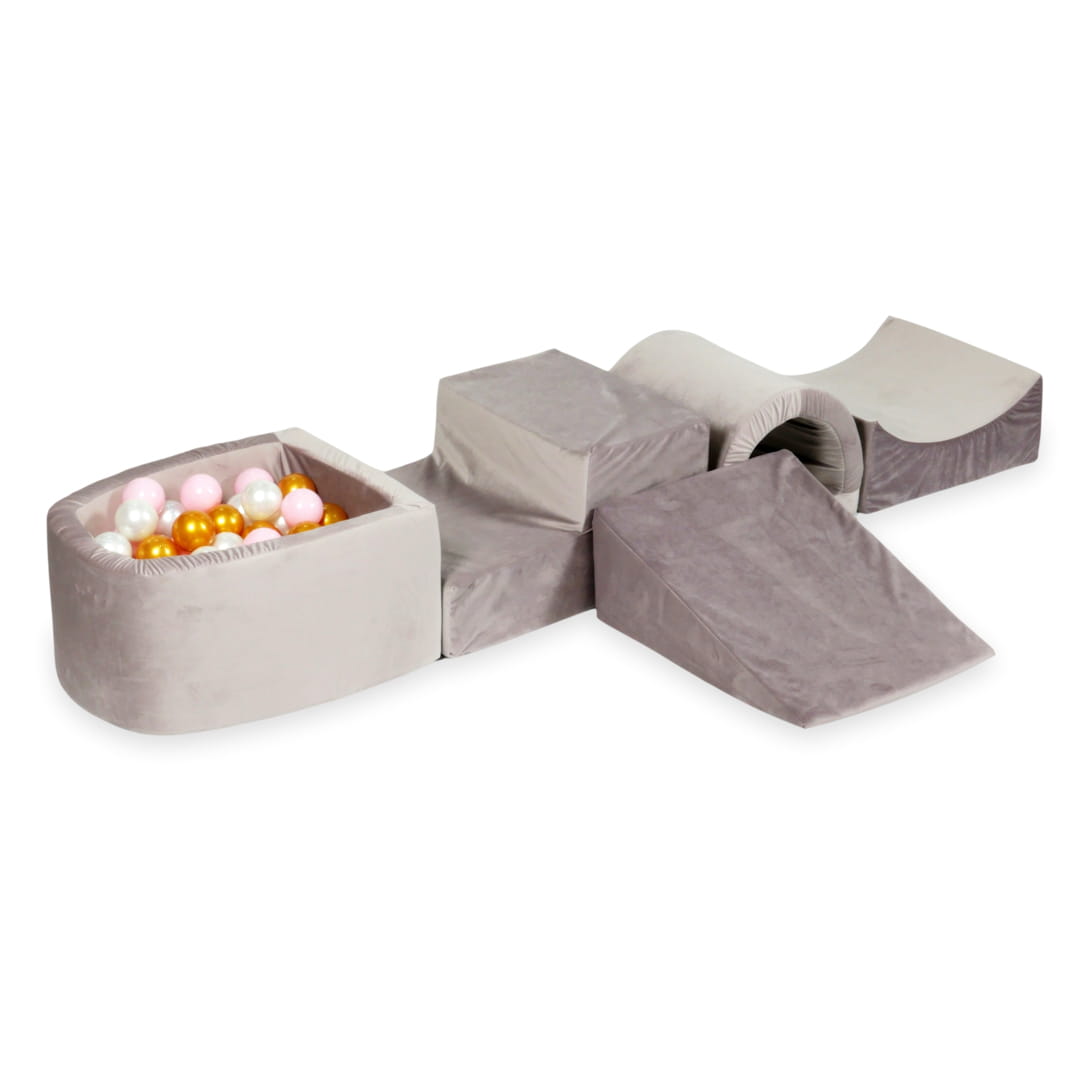 Schaumstoffspielbereich mit Brücke und lila Mikro-Samtbecken + 100 Bälle (gold, hellrosa, perlmuttfarben)